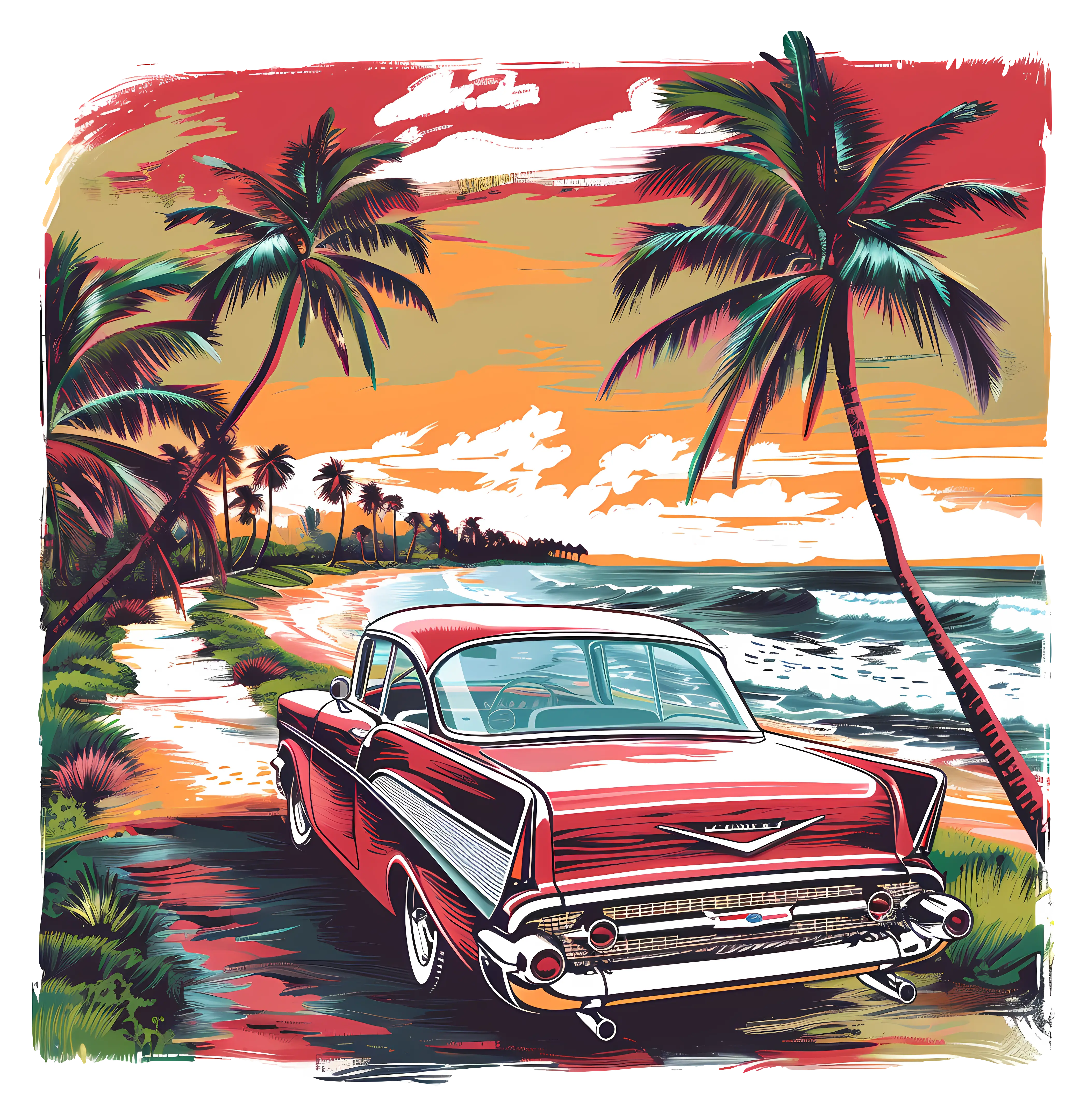 Vintage Car by the Beach at Sunset