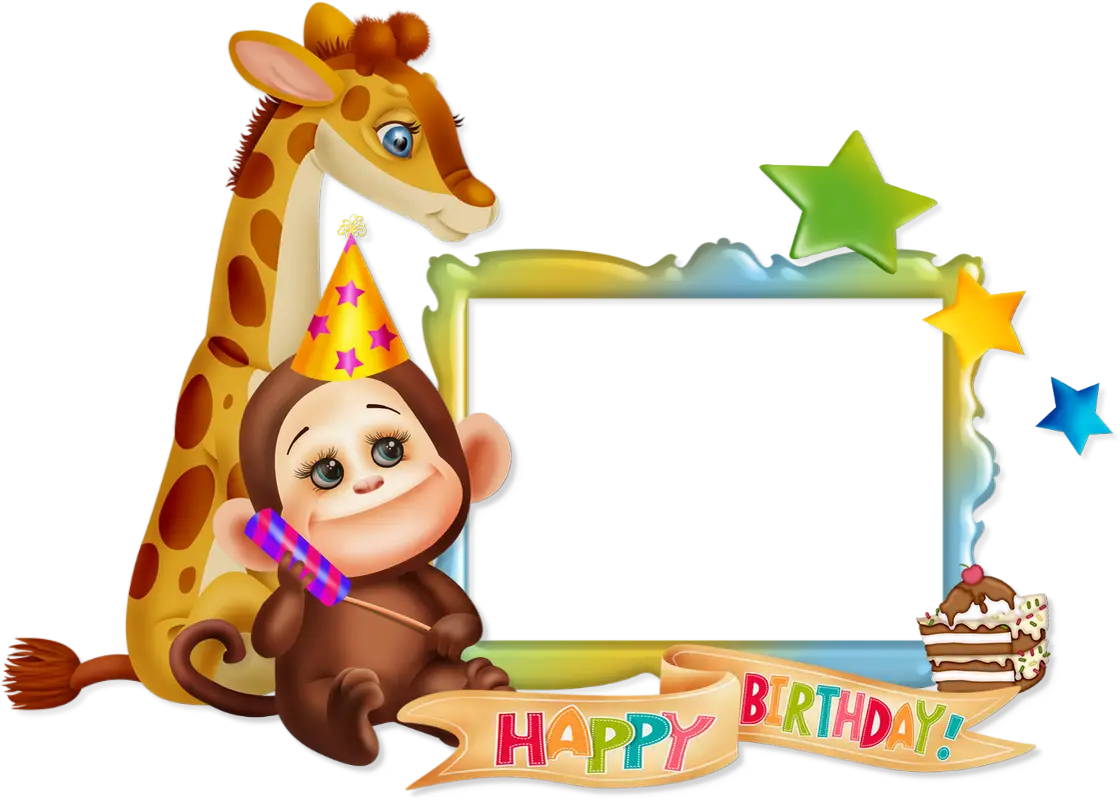 Happy Birthday Frame with Giraffe and Monkey