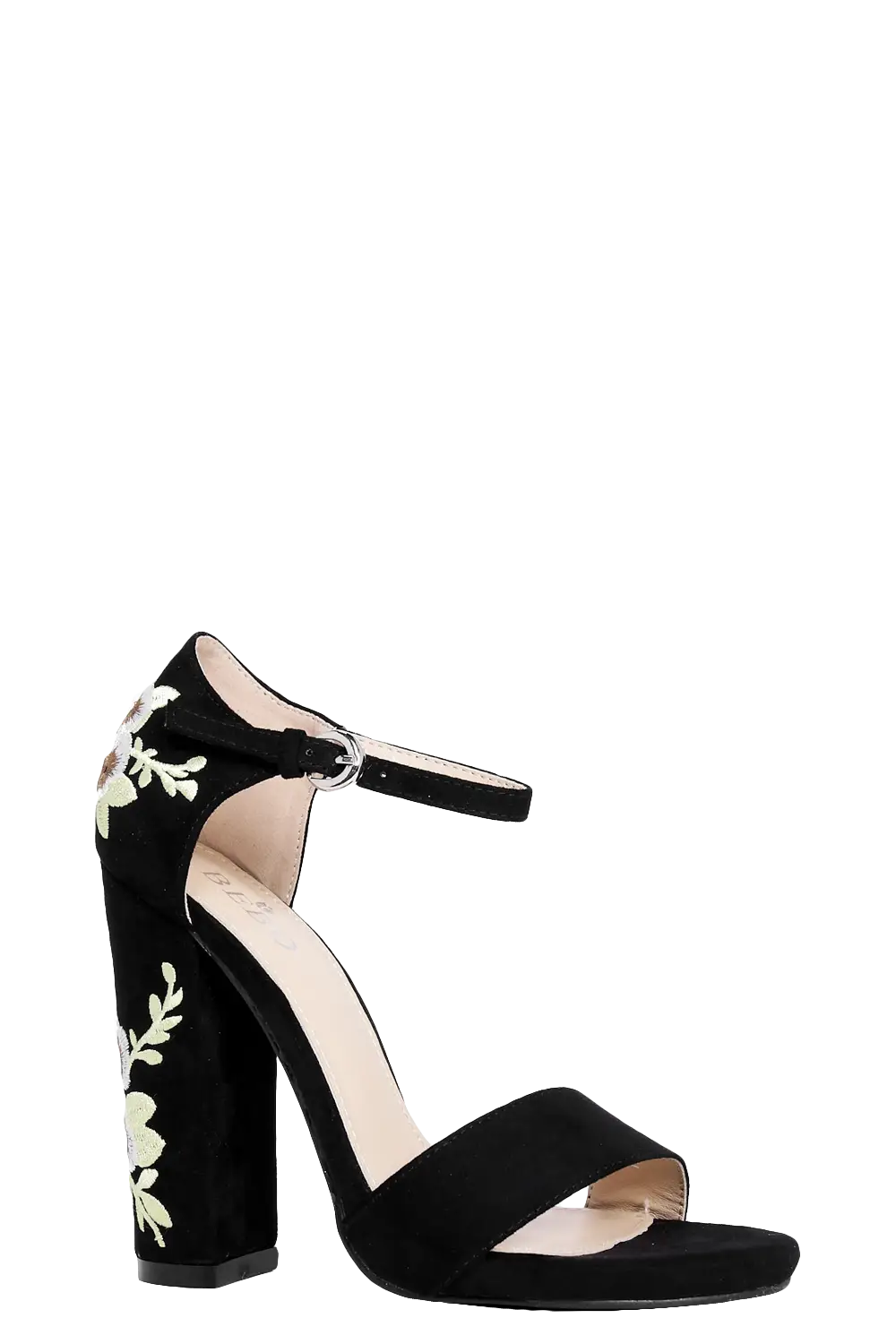 Chic Black High-Heeled Sandal with Floral Accents
