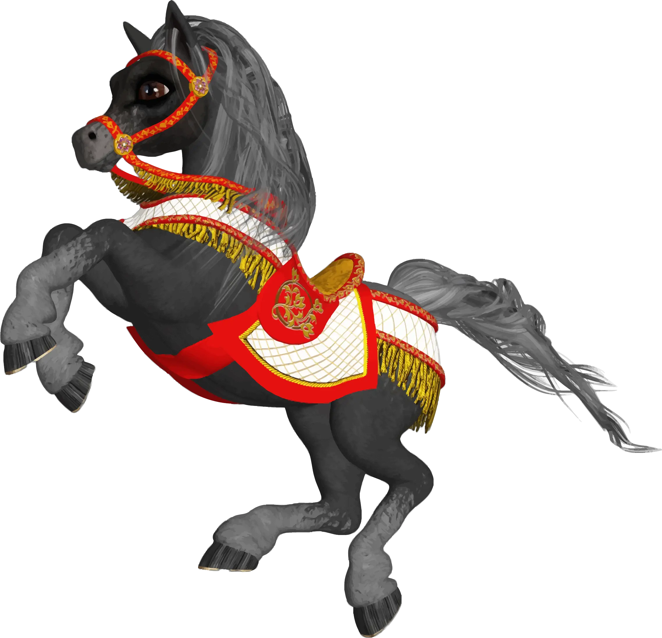 Black Horse with Red and Gold Ornament Decor