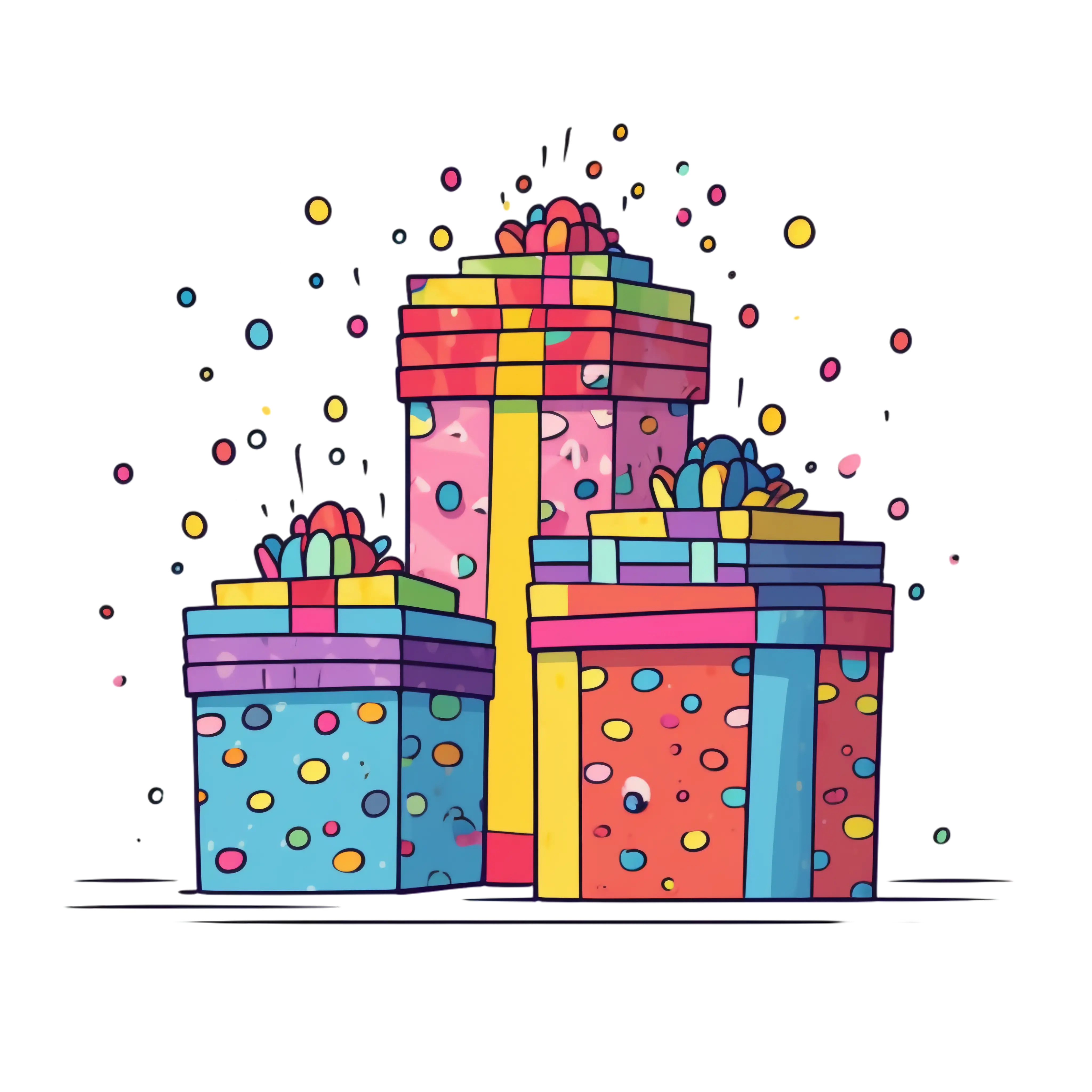 Tall Stack of Gift Boxes with Colorful Wrapping in Cartoon Style