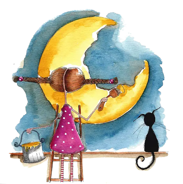 Girl Painting the Moon Illustration