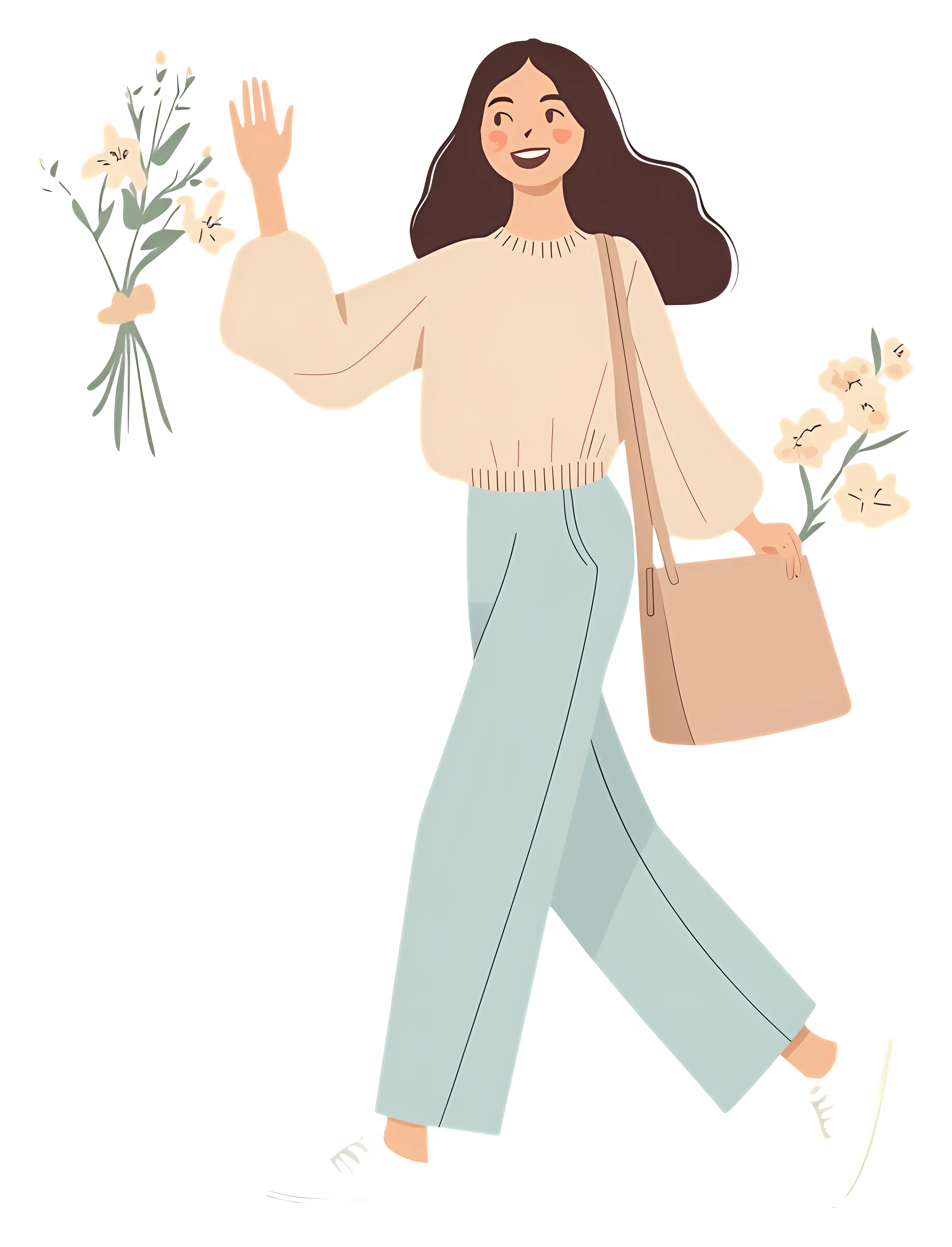 Smiling Woman Holding Flowers in Casual Style