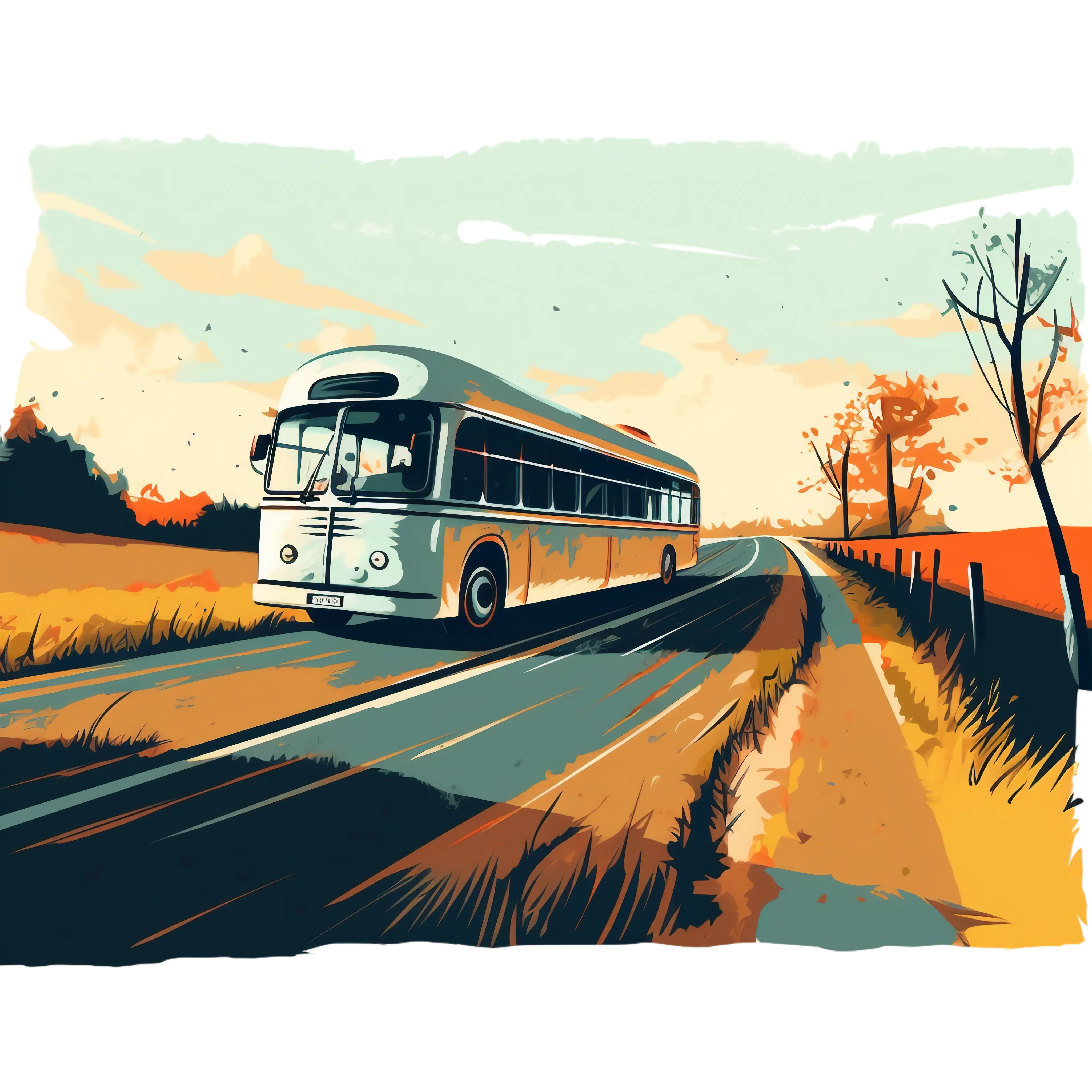 Retro Bus Traveling on a Scenic Country Road