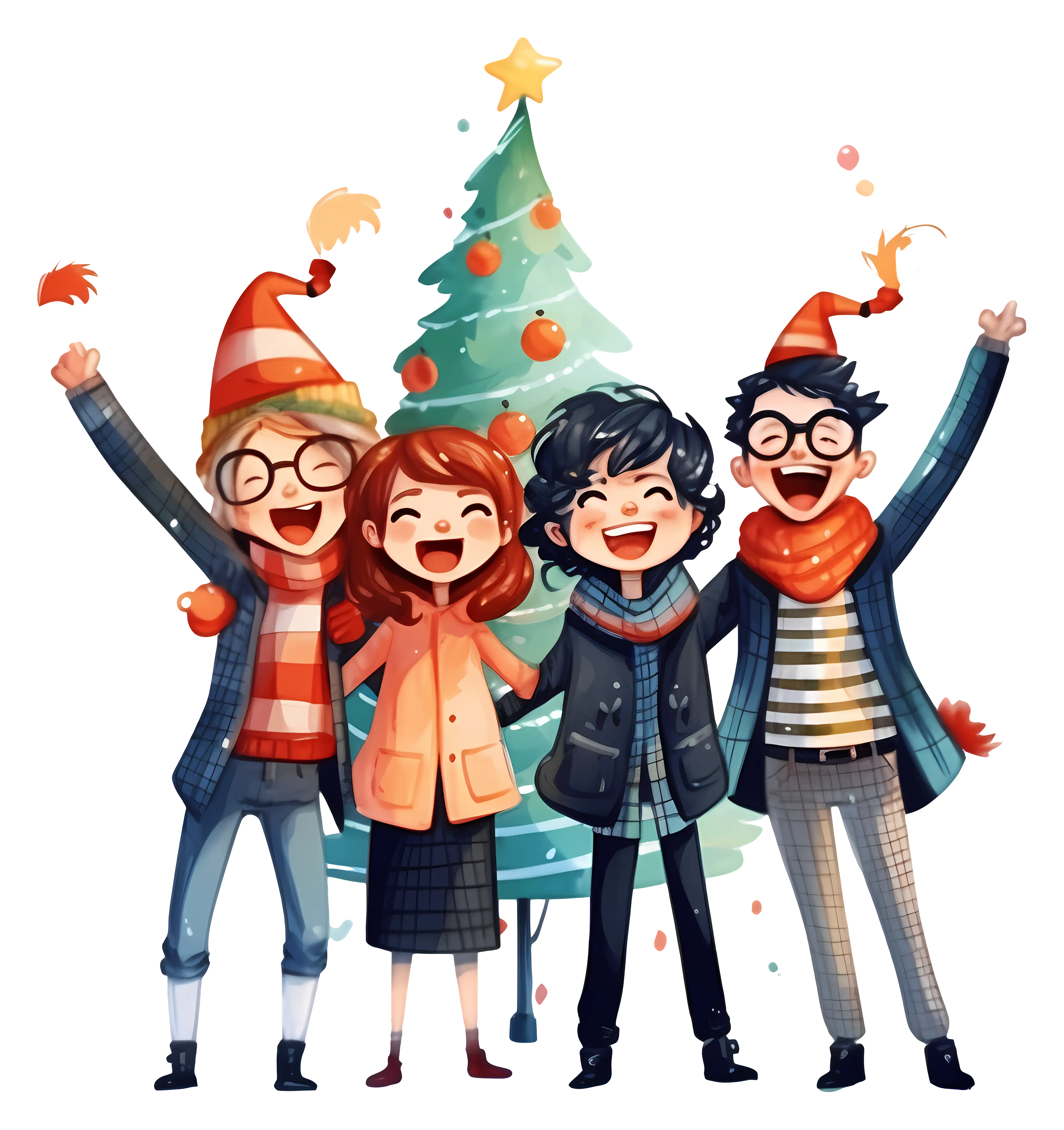 Friends Celebrating Christmas by the Tree