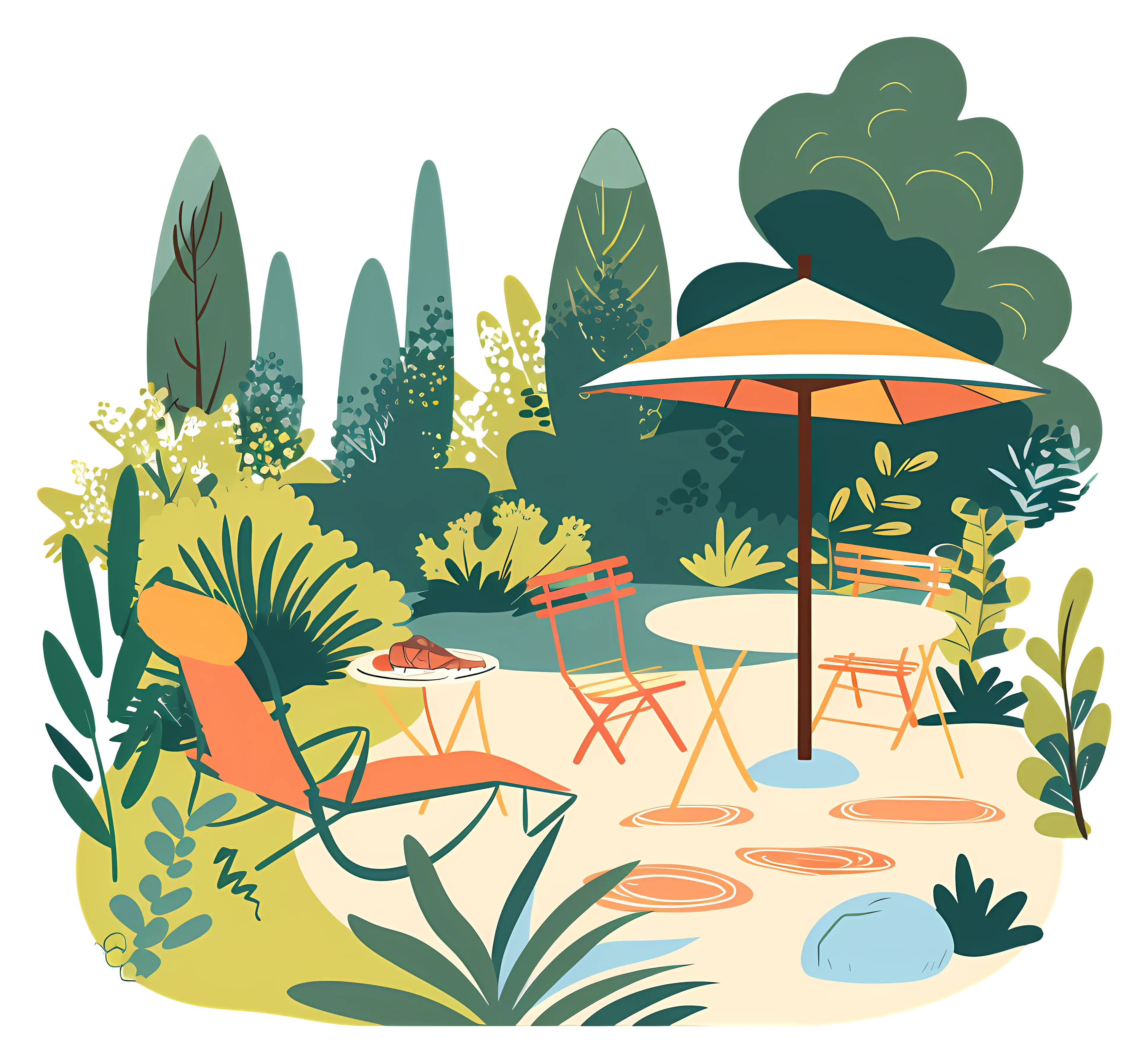 Relaxing Garden with Chairs and Umbrella