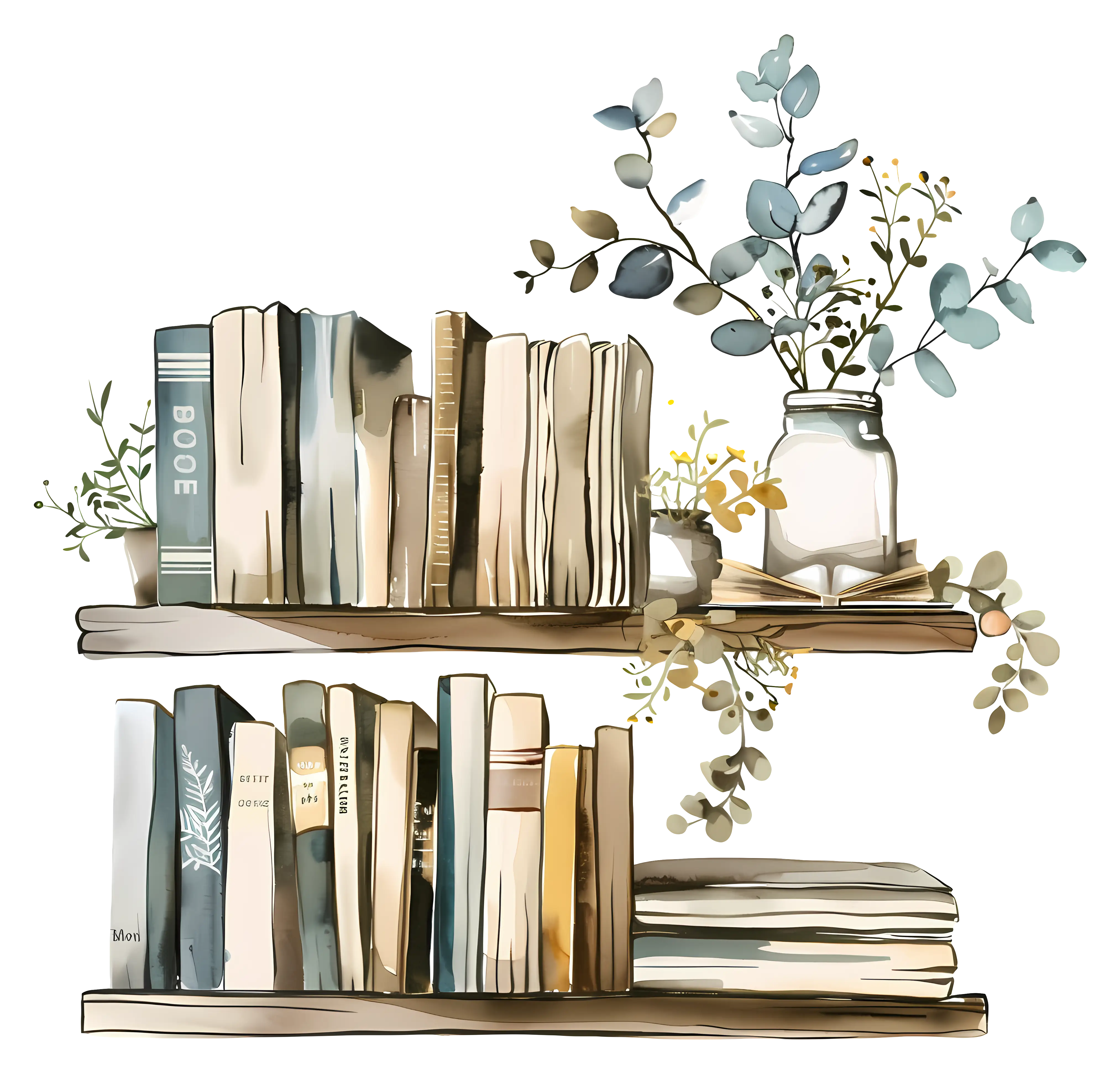 Decorative Books on Wooden Shelves with Vase