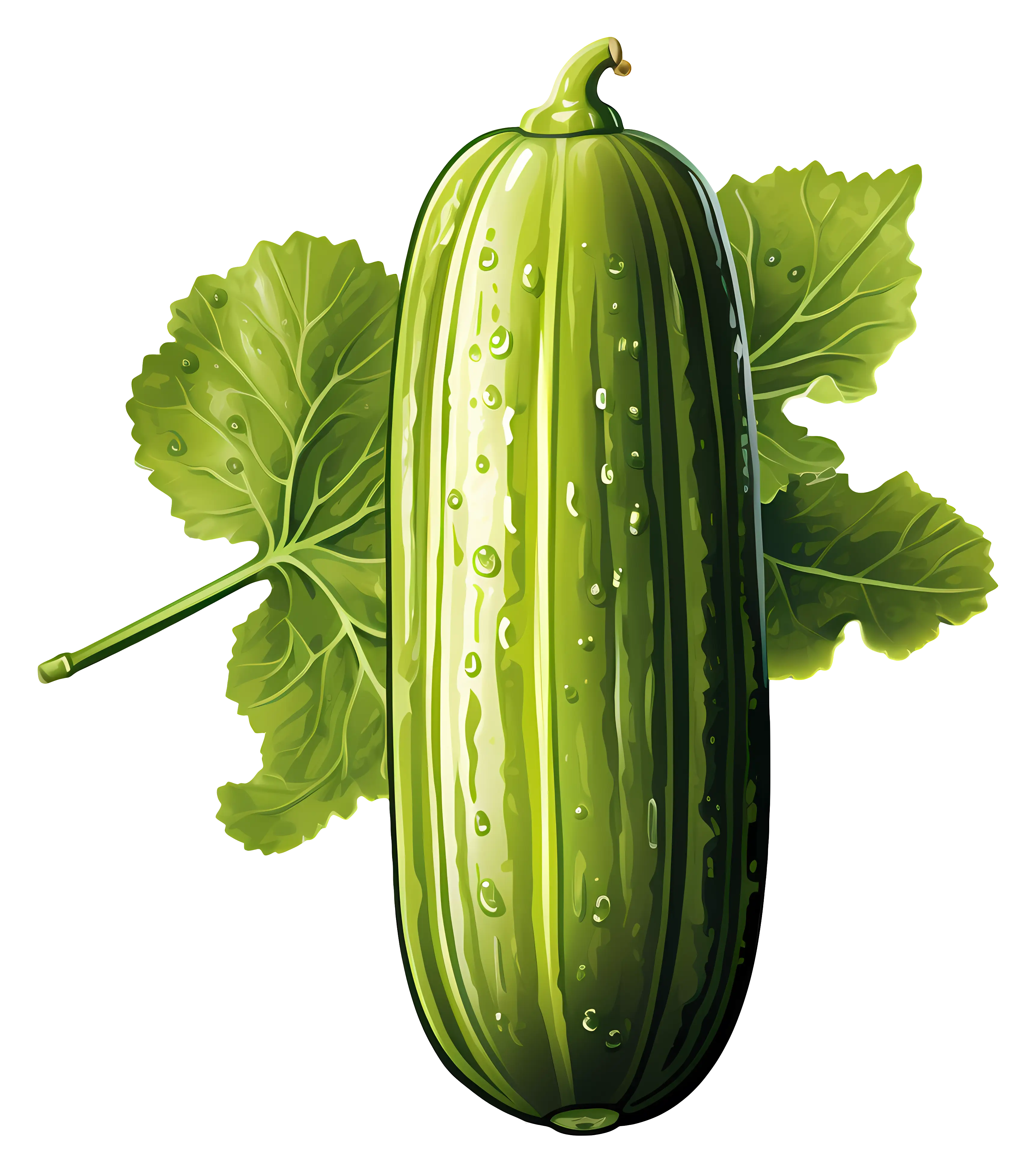 Whole Green Cucumber with Leaves Illustration