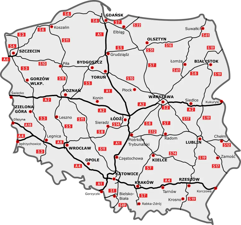 Map of Poland with Roads and Cities