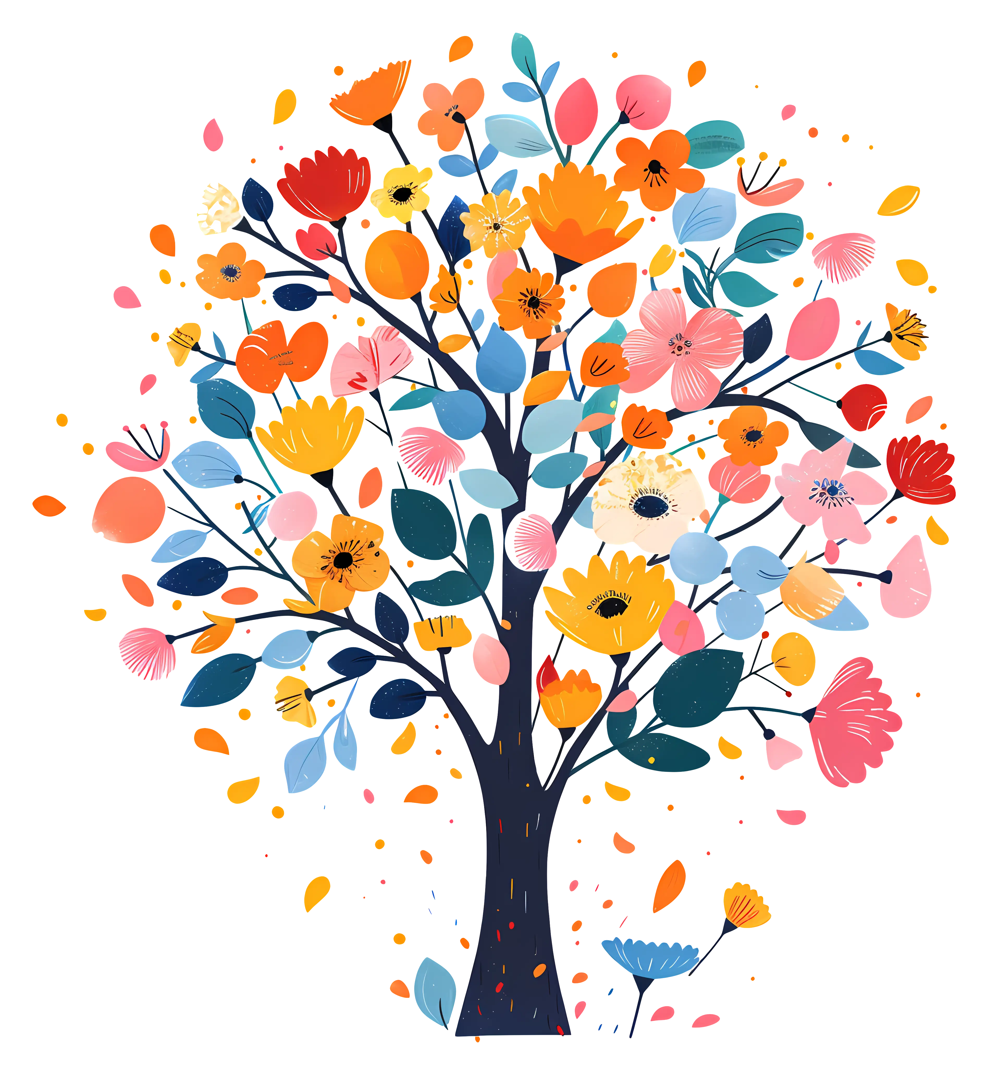 Decorative Tree Illustration with Colorful Flowers