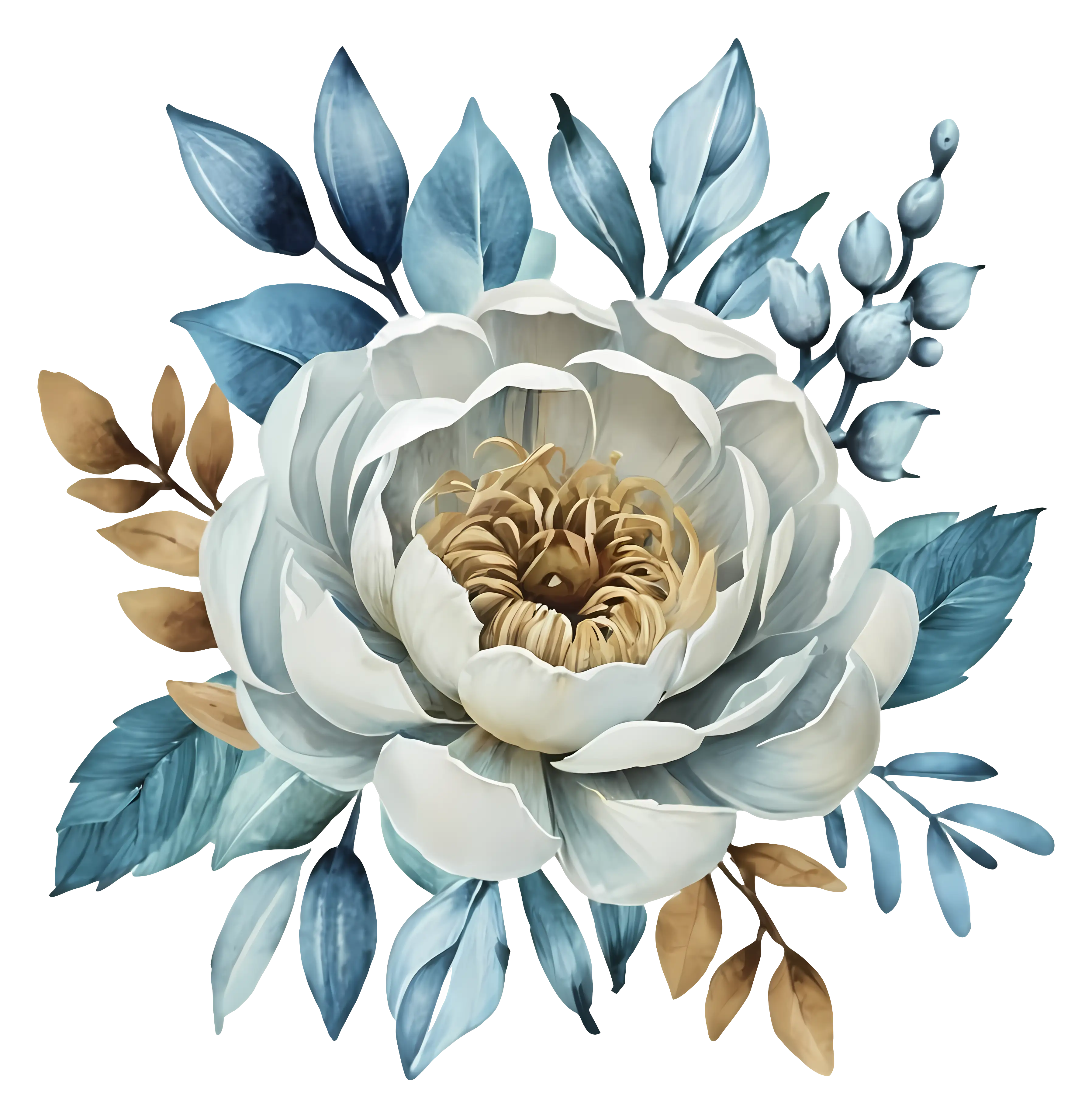 Blue and Beige Flowers with Foliage