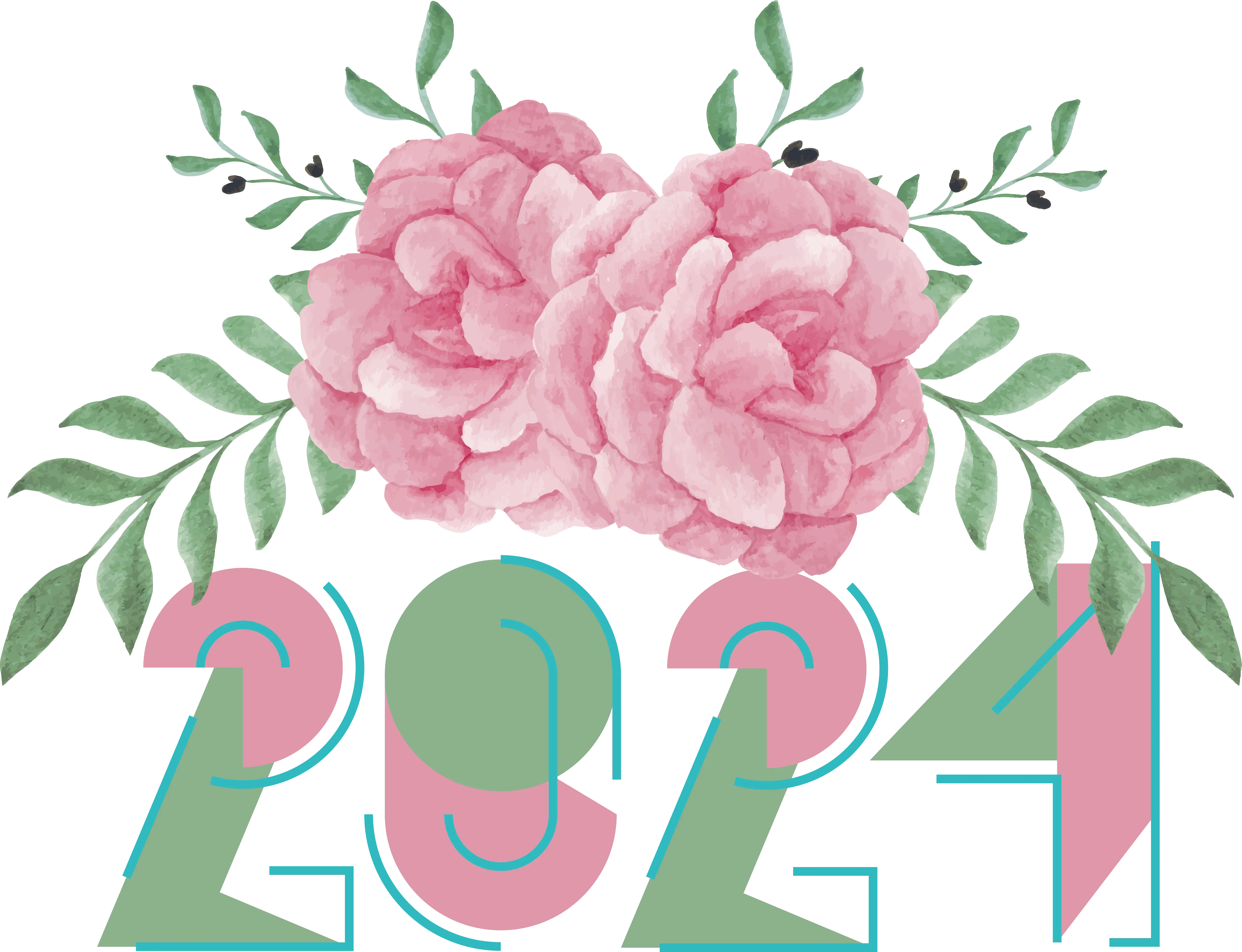 2024 Floral Charm with Pink Roses and Green Leaves