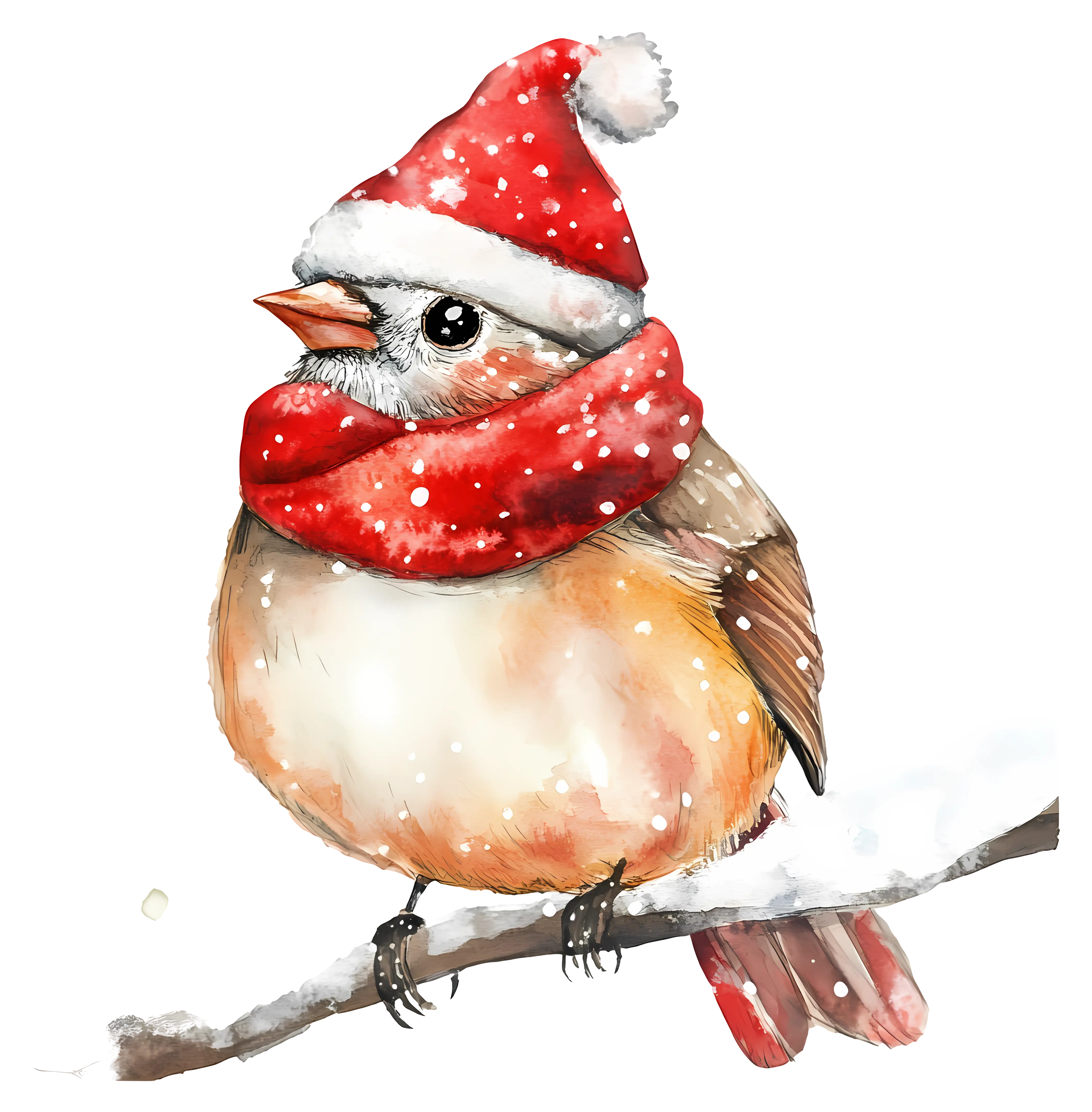 Festive Winter Bird with Red Hat and Scarf