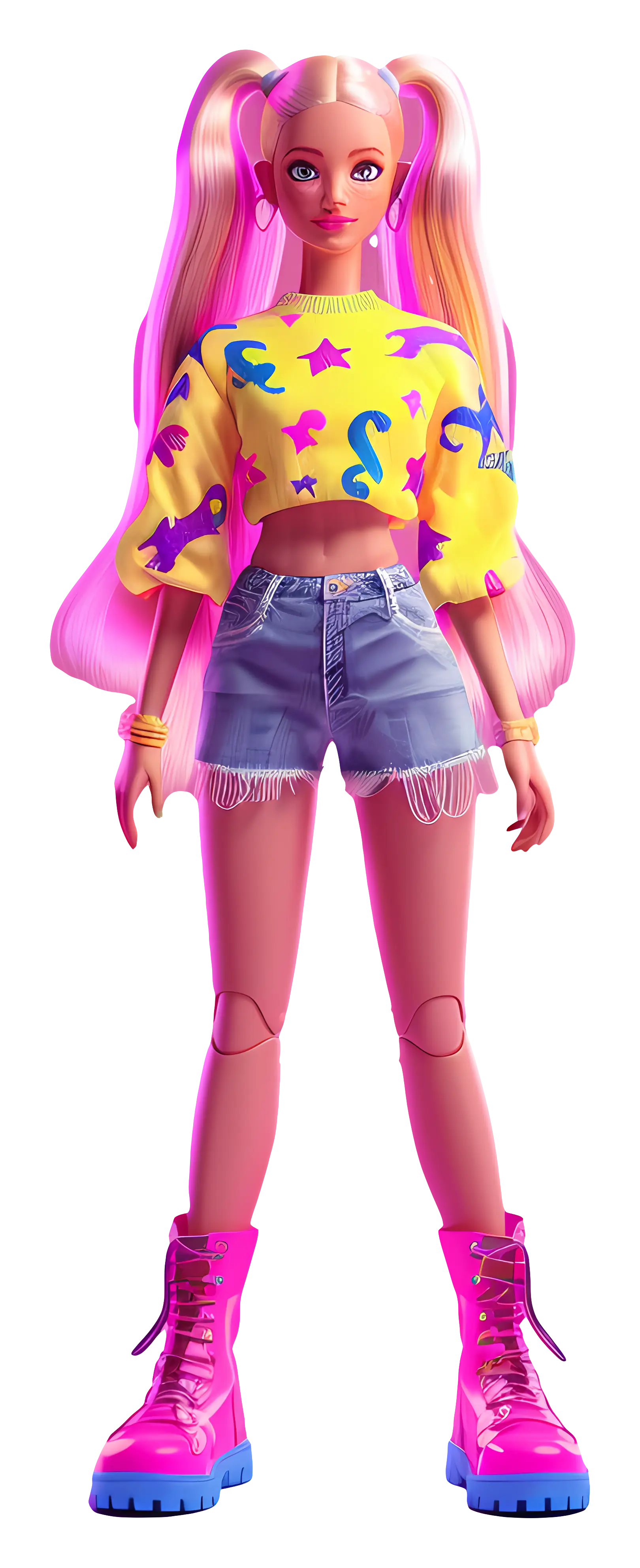 Cartoon Doll with Pink Hair and Vibrant Casual Outfit Illustration