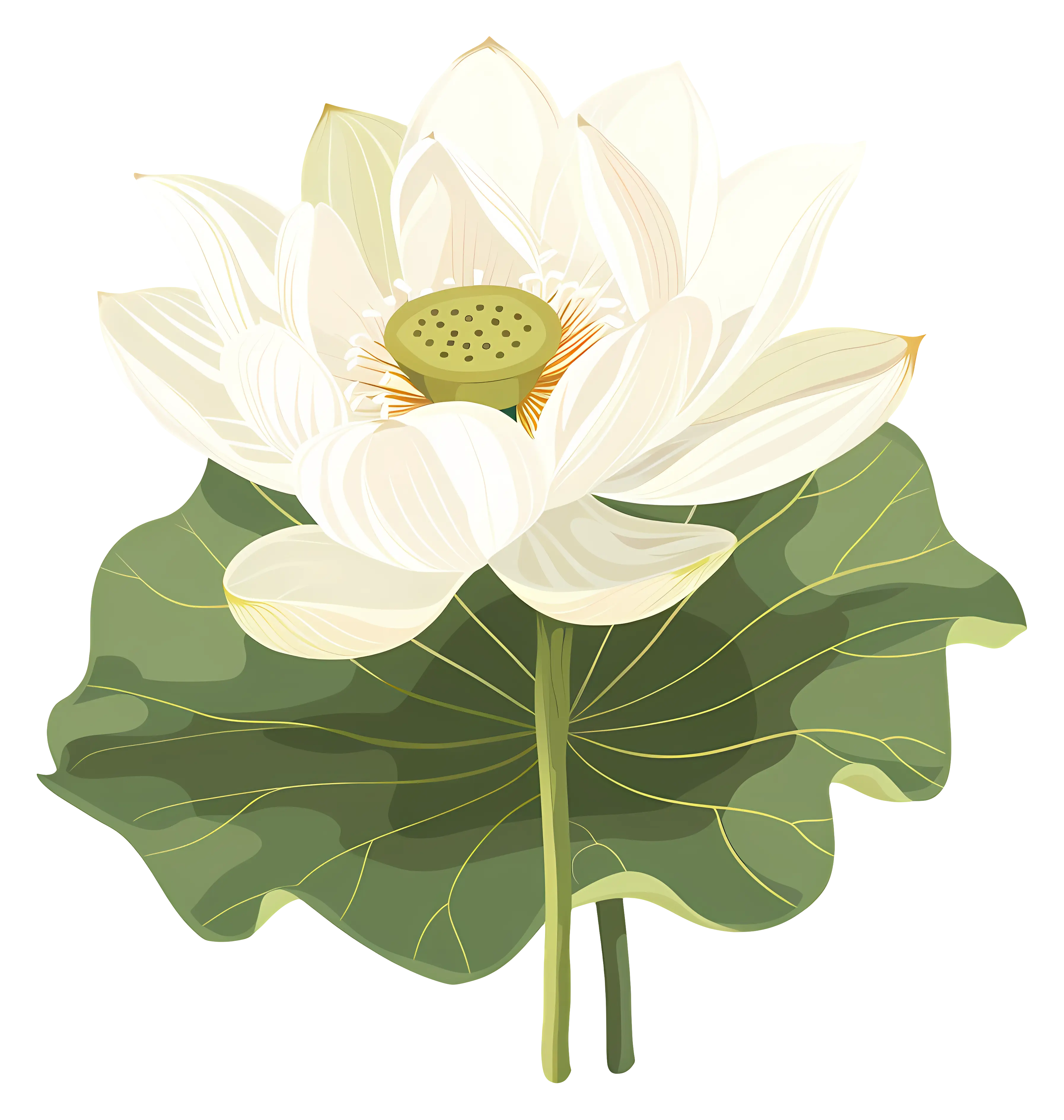 White Lotus with Green Leaves Illustration