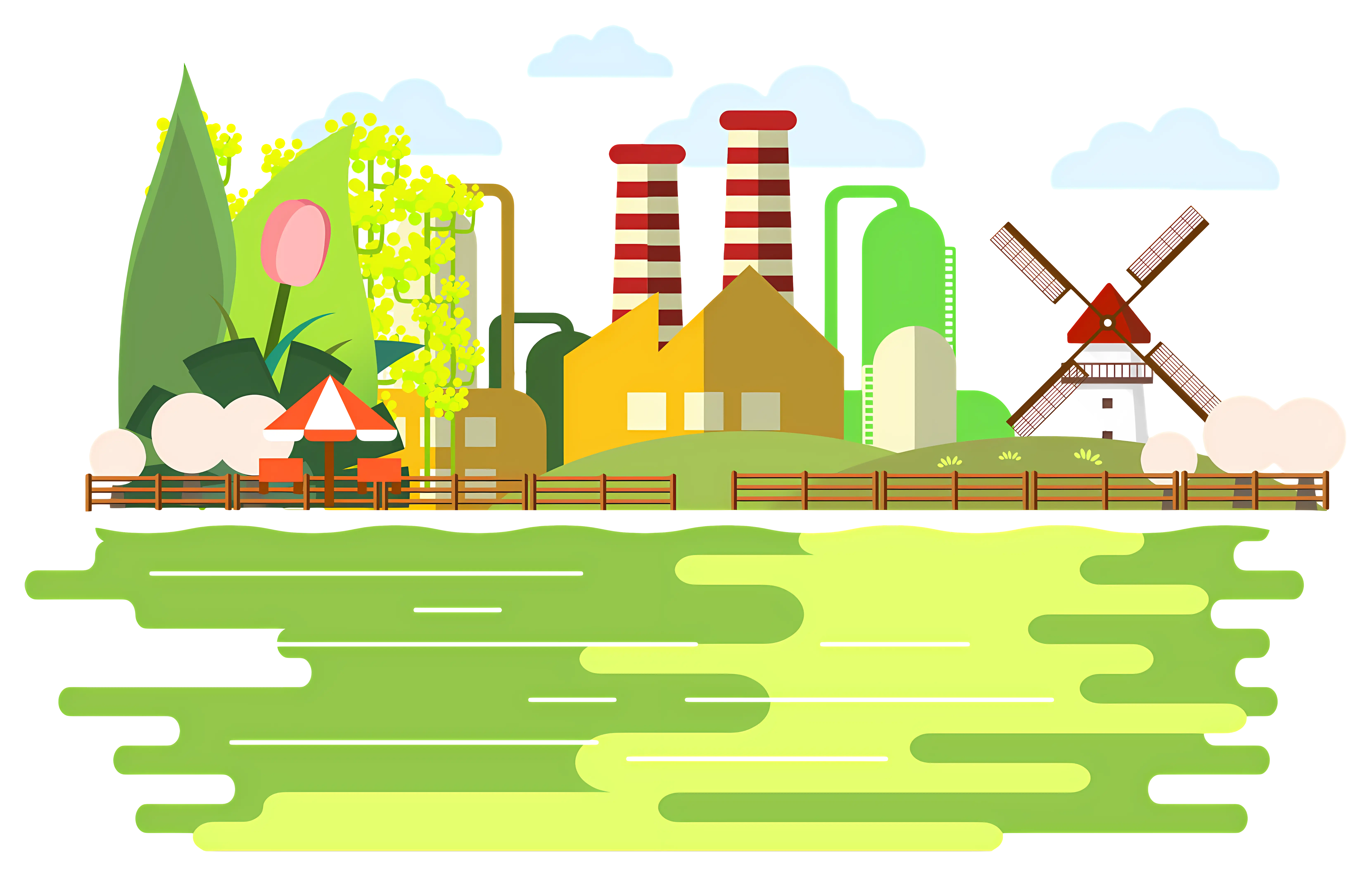 Colorful Countryside Landscape with Windmill