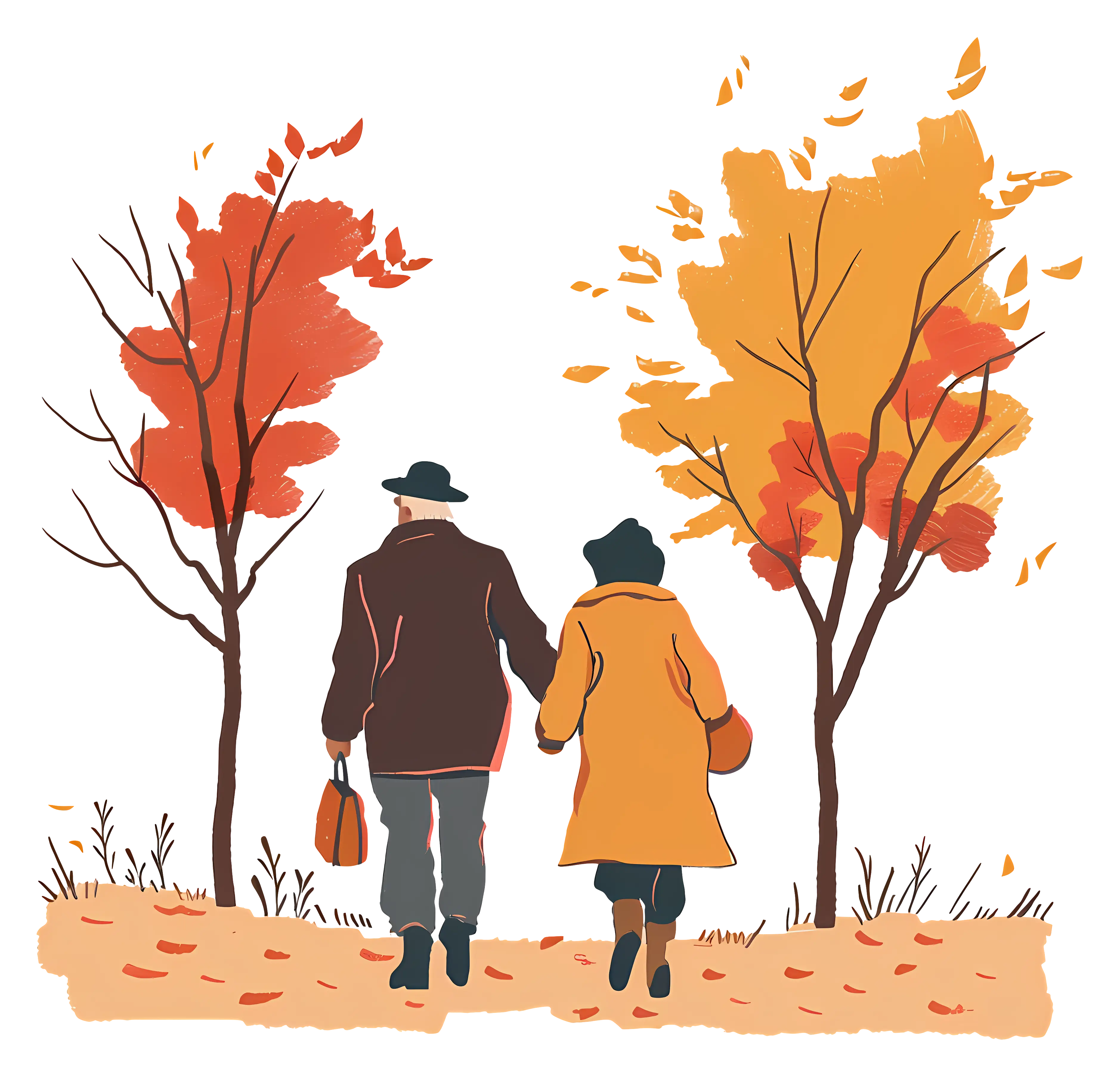 Elderly Couple Walking Through Autumn Landscape