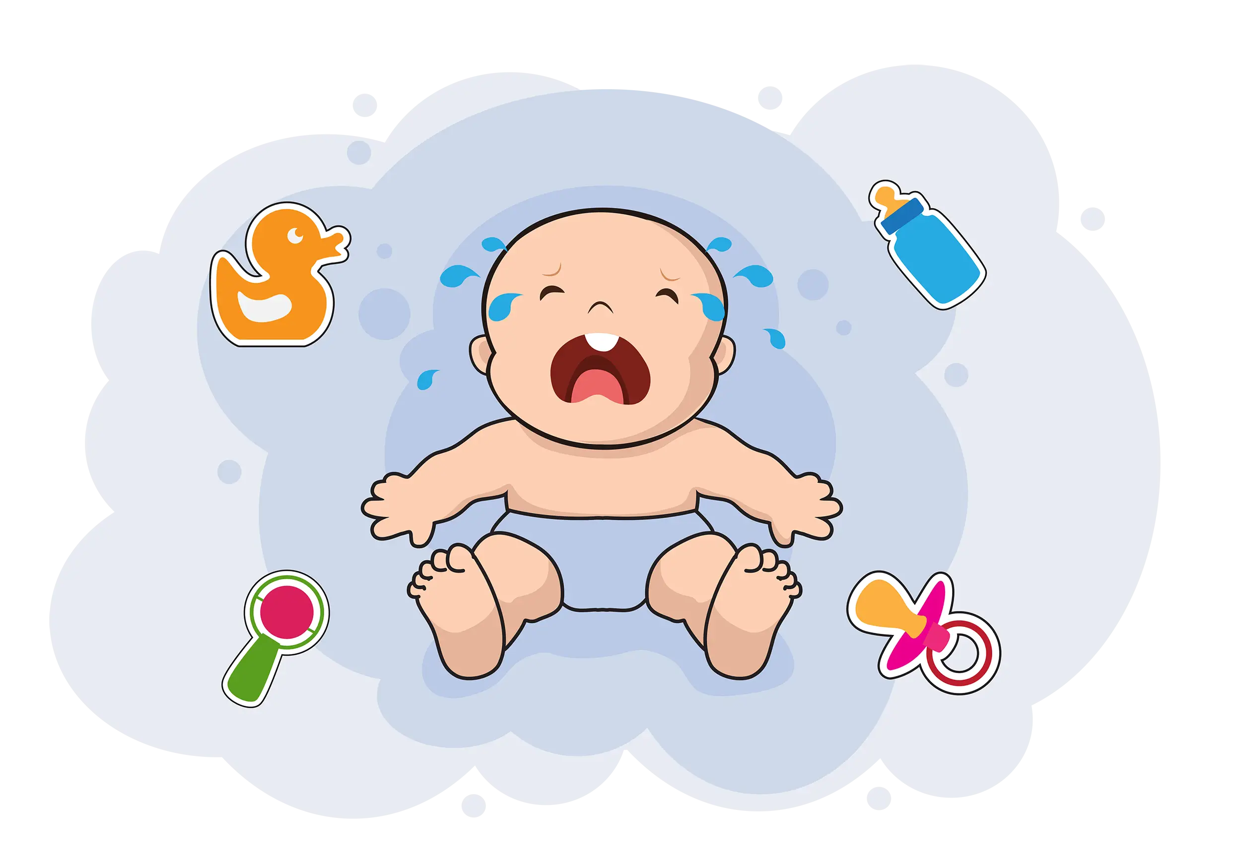 Crying Baby Surrounded by Toys