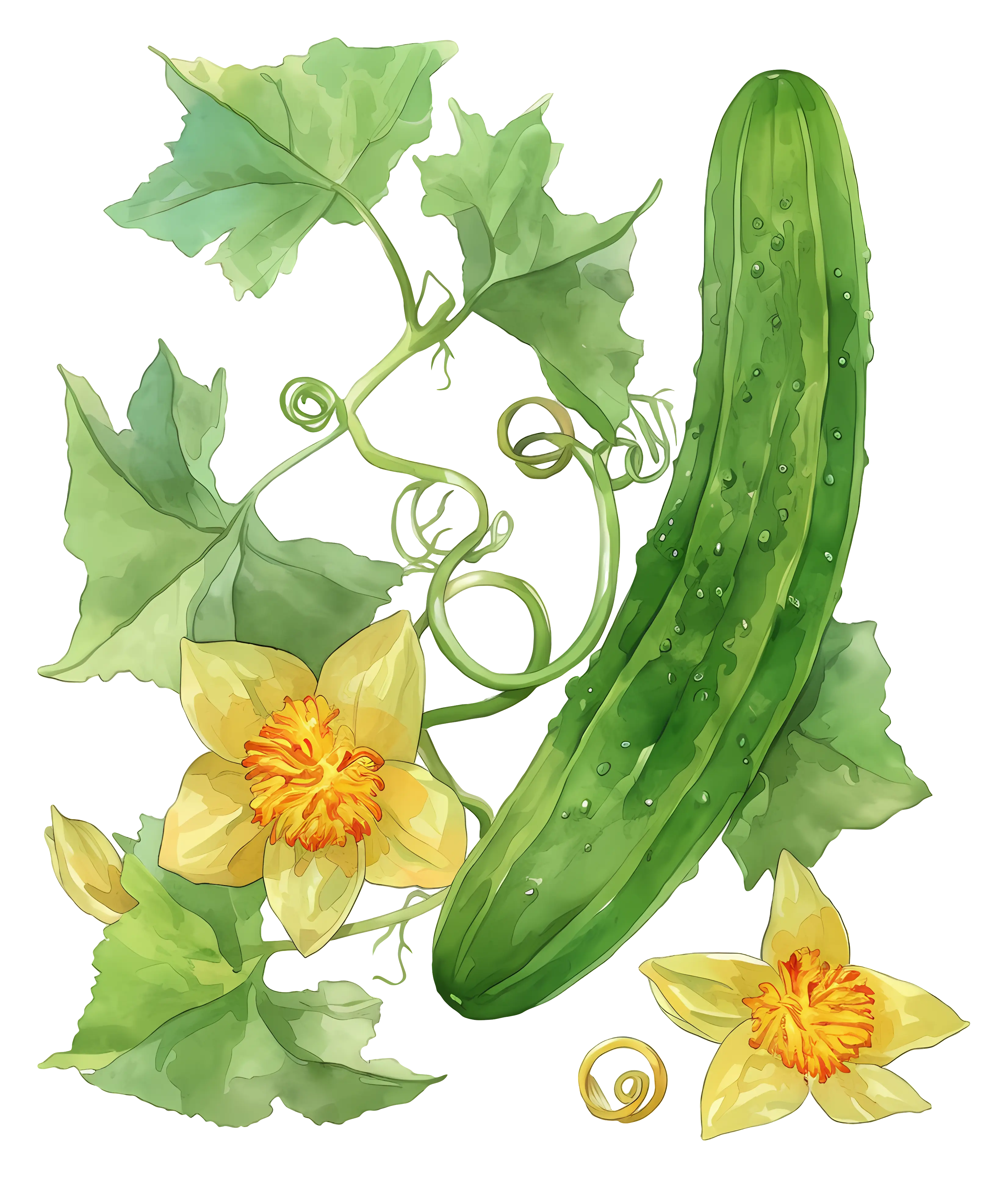 Green Cucumber with Yellow Flowers