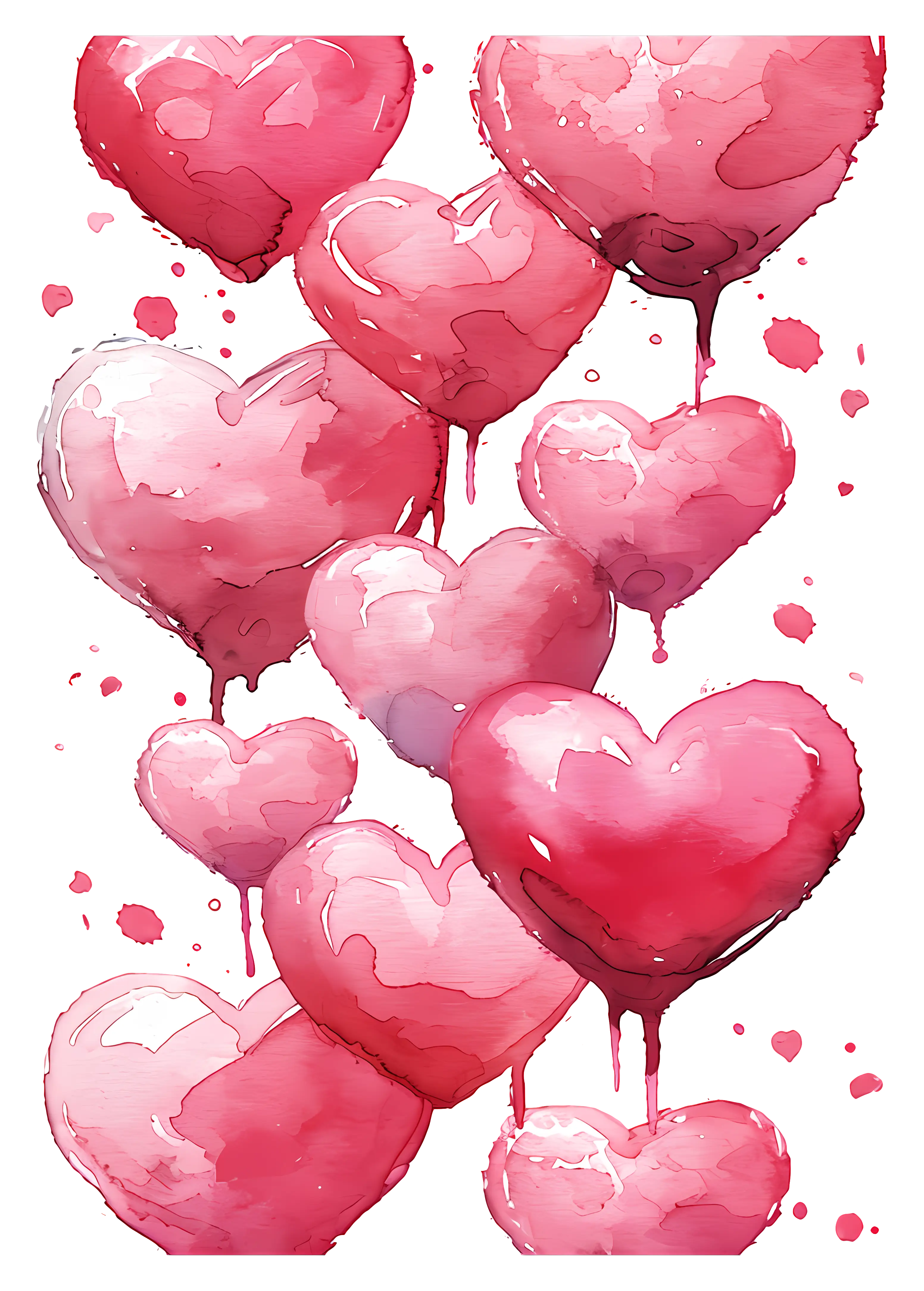Romantic Pink Dripping Hearts Watercolor Illustration