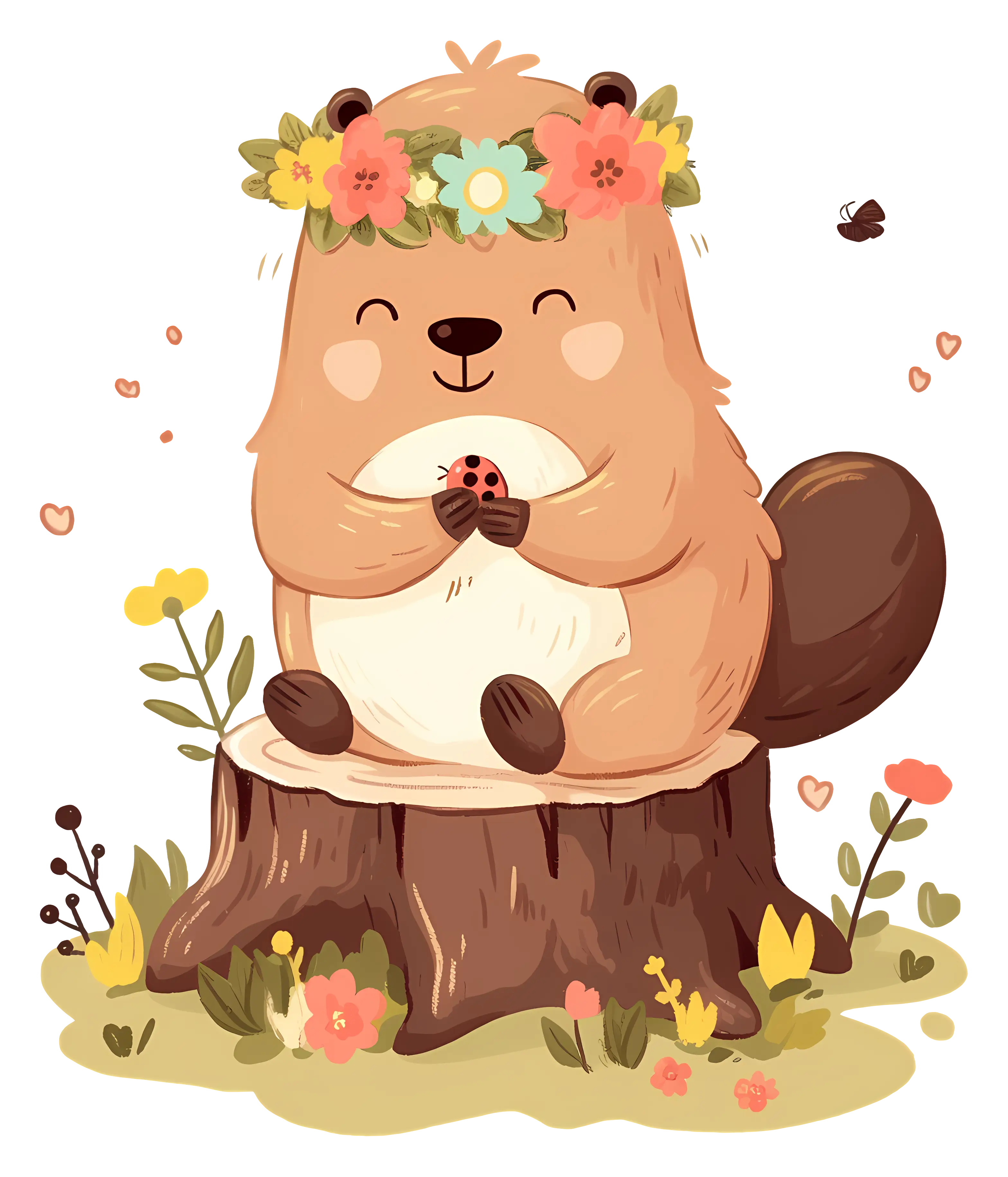 Cute Beaver with Flower Crown and Ladybug