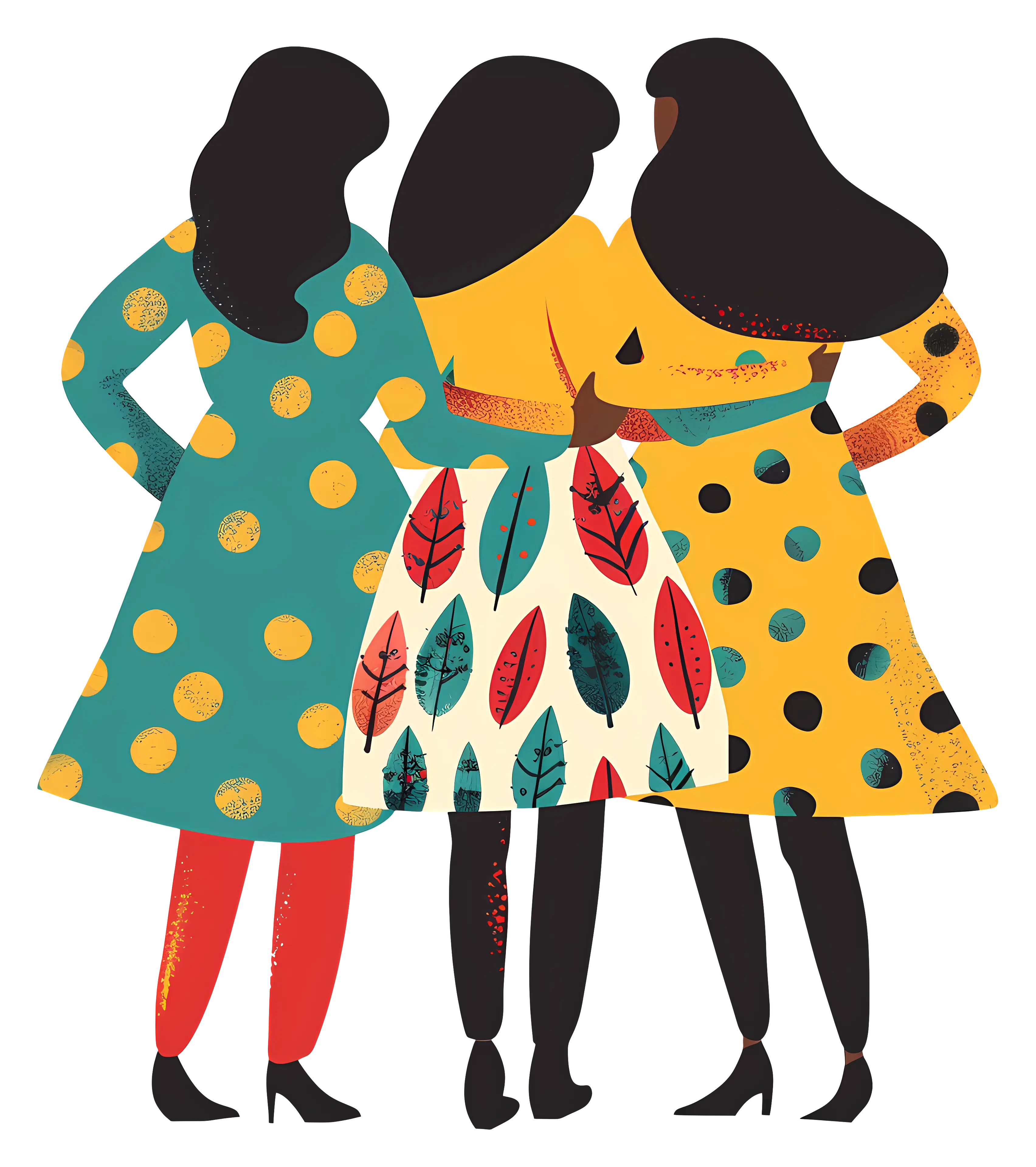 Three Women Hugging in Colorful Dresses