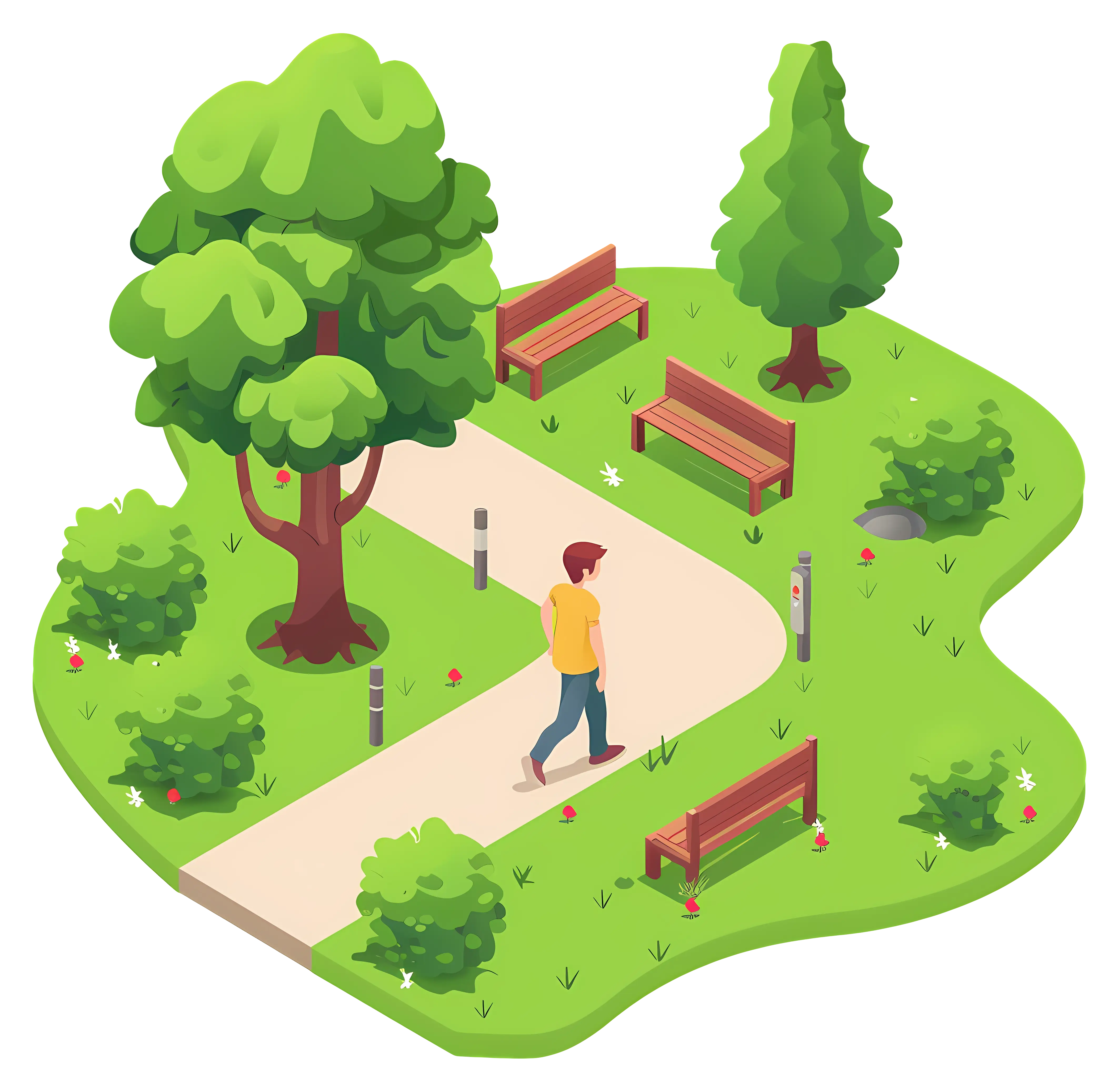 Cartoon Park Scene with a Person Walking on Path