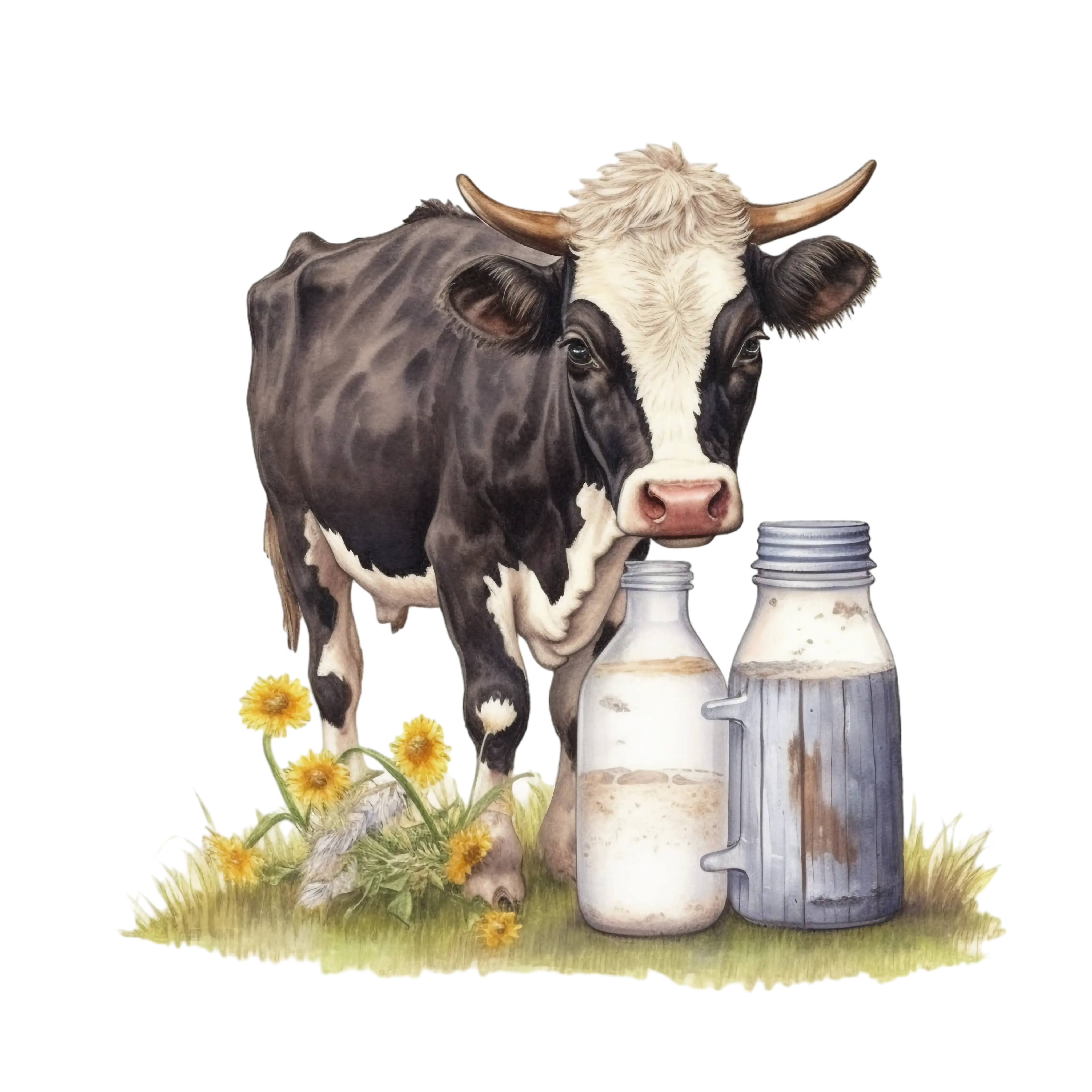 Cow with Milk Bottles in Farm Setting
