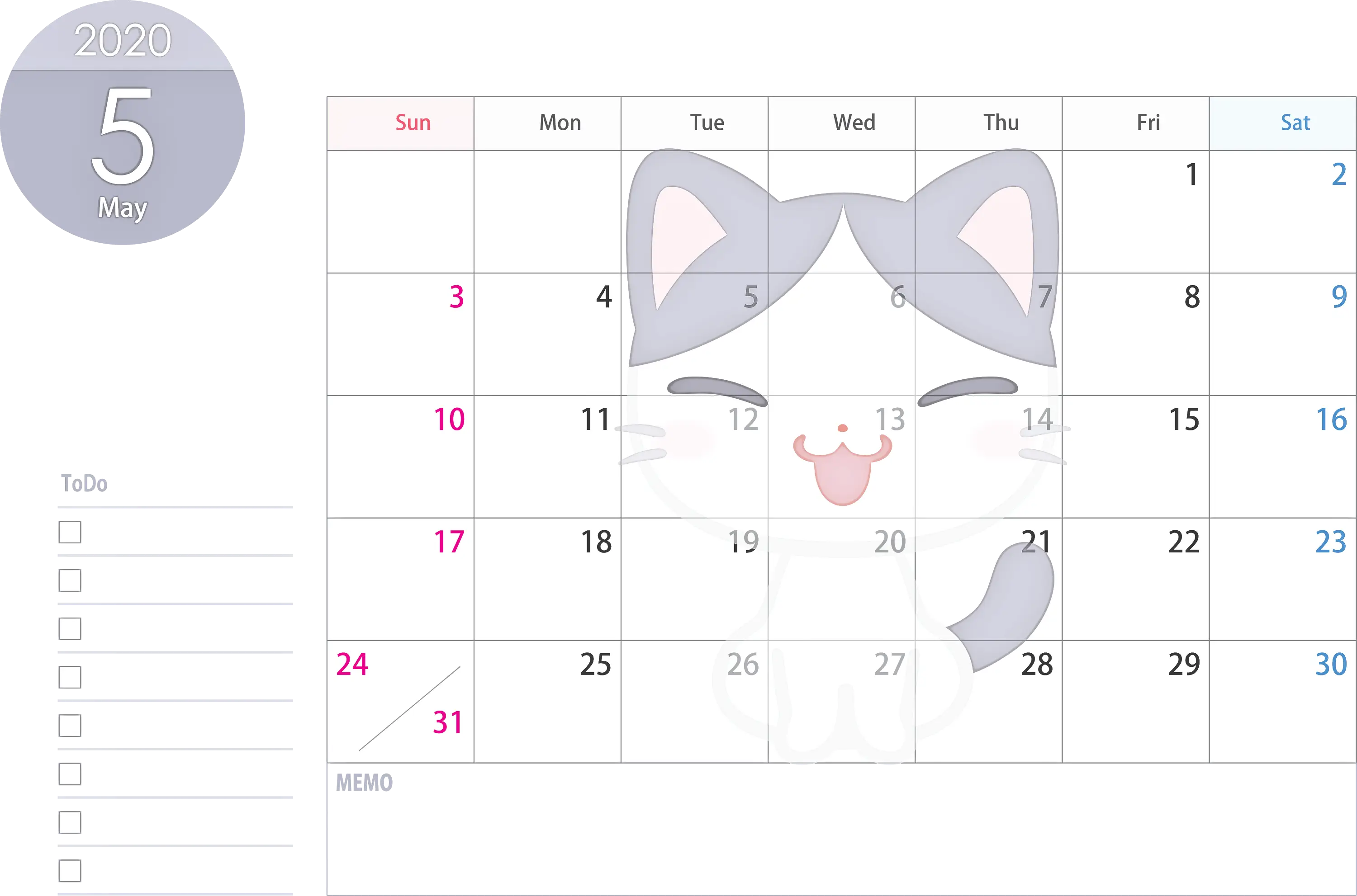 Cute Cat-Themed Calendar for Monthly Planning
