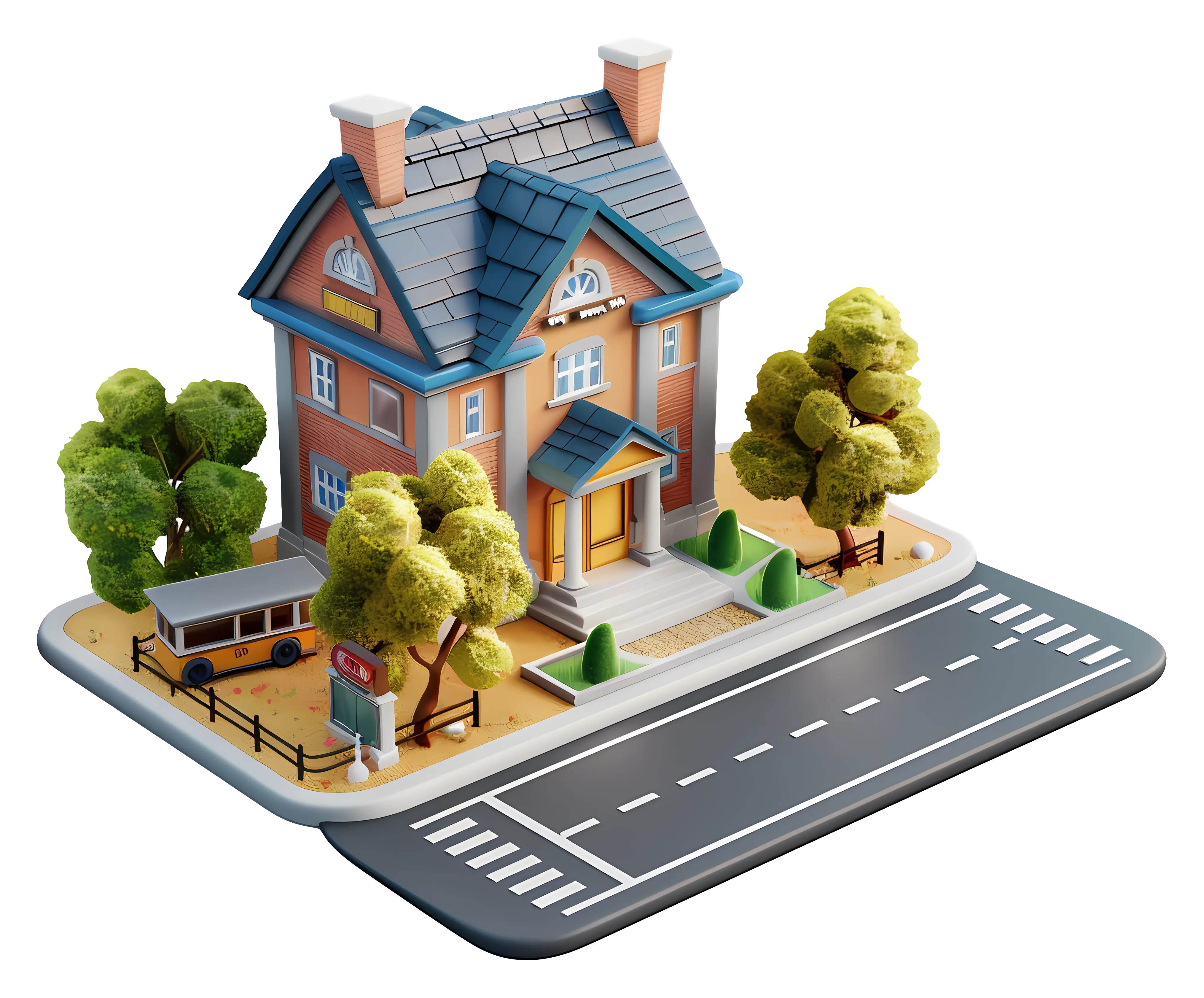 Miniature 3D House with Surrounding Road and Trees