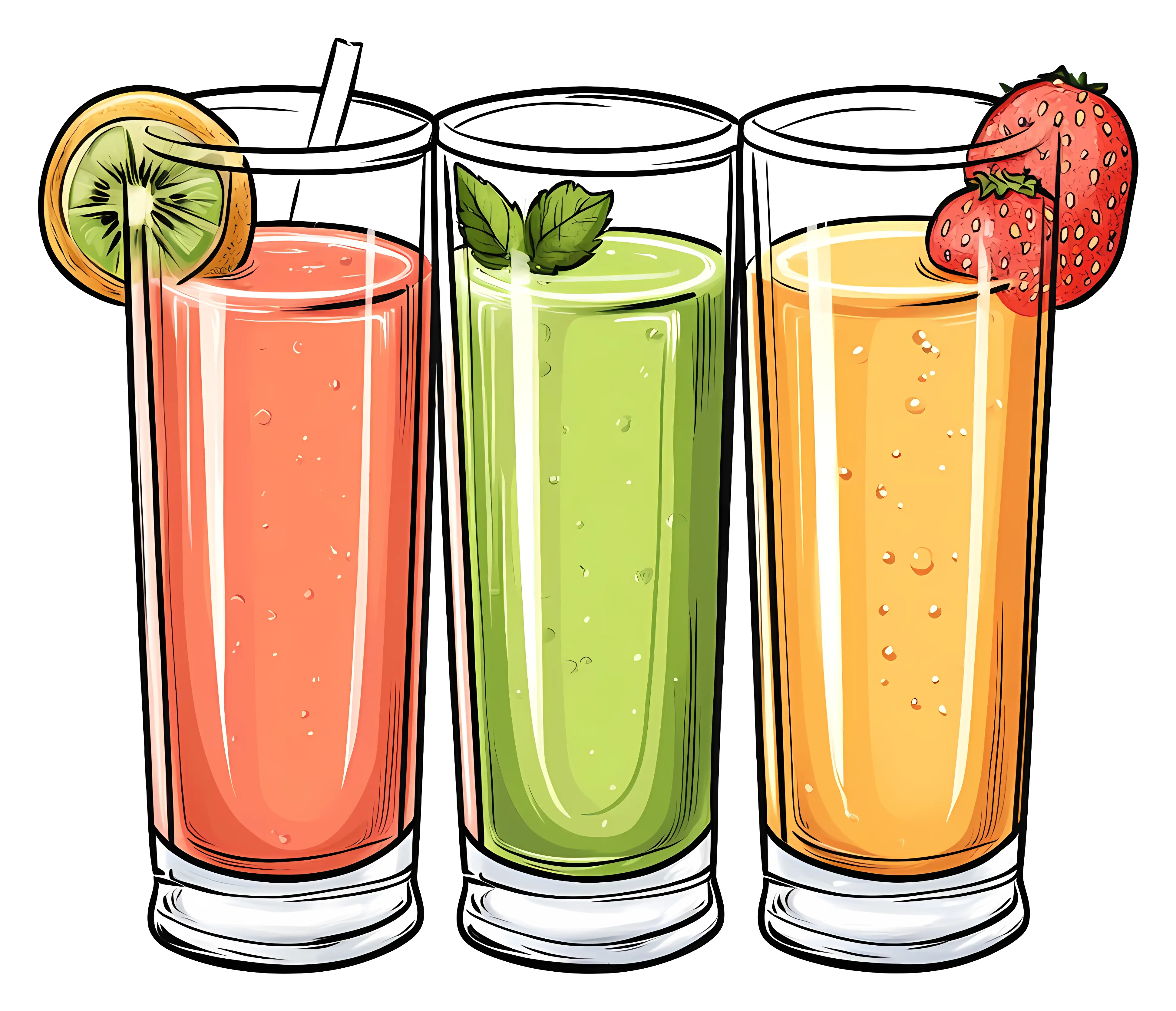 Colorful Fruit Smoothies with Straws