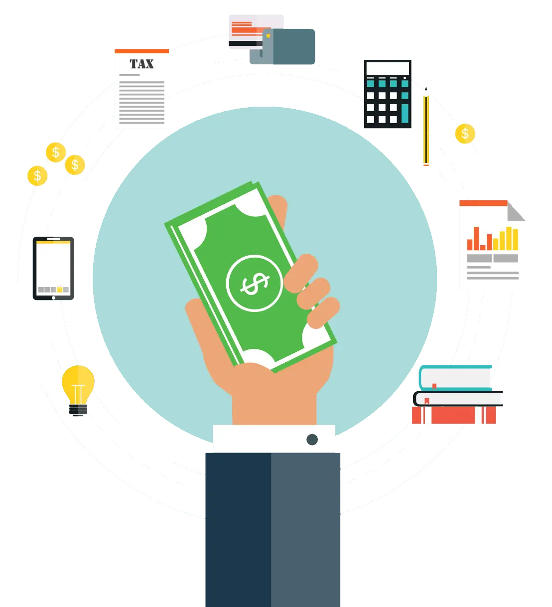 Hand Holding Money with Financial Icons