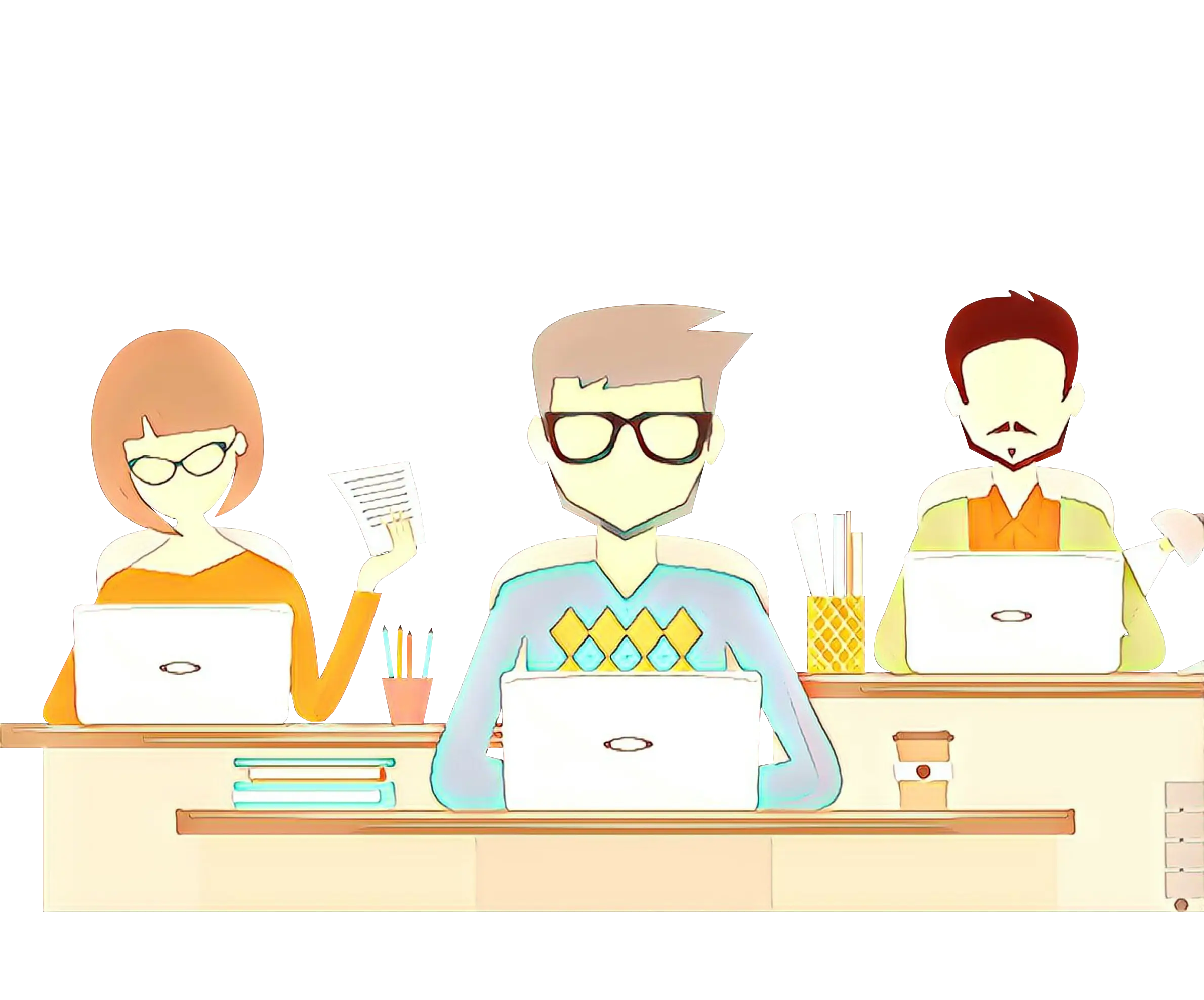 Cartoon Office Workers at Desks