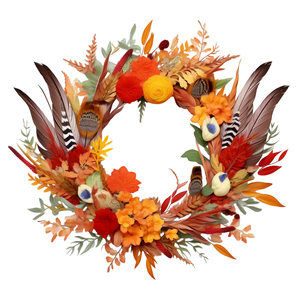 Thanksgiving-Themed Autumn Wreath with Feathers and Nature Elements