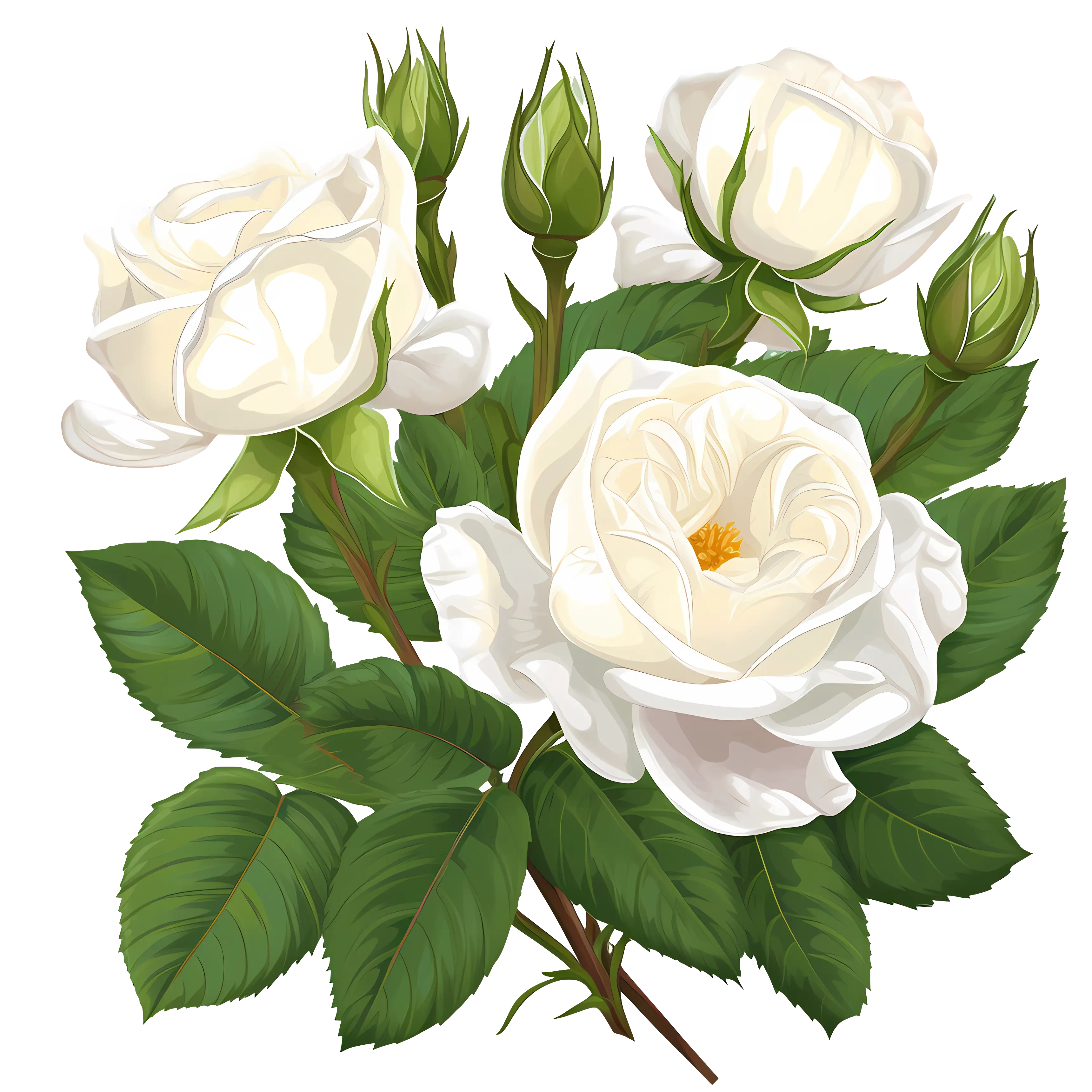White Roses with Green Leaves and Buds