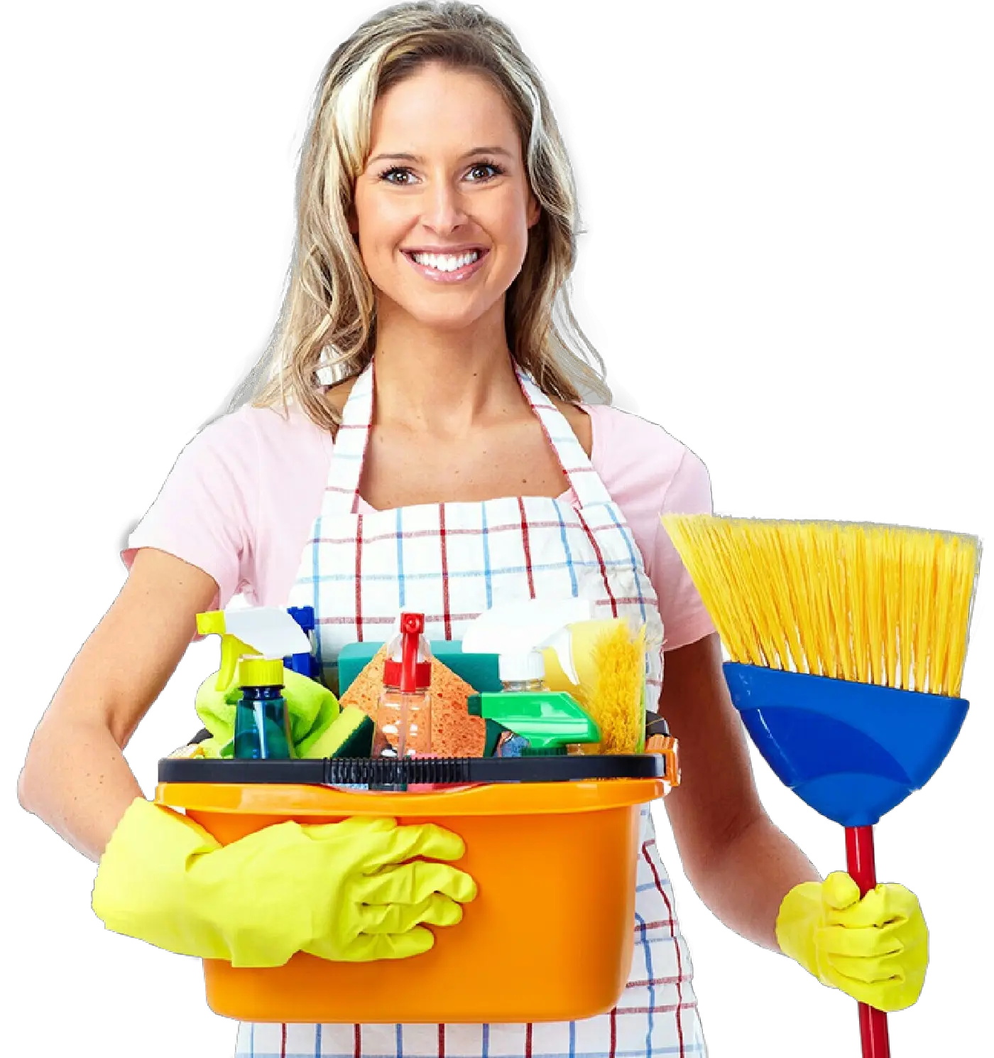 Woman Holding Bucket and Cleaning Supplies