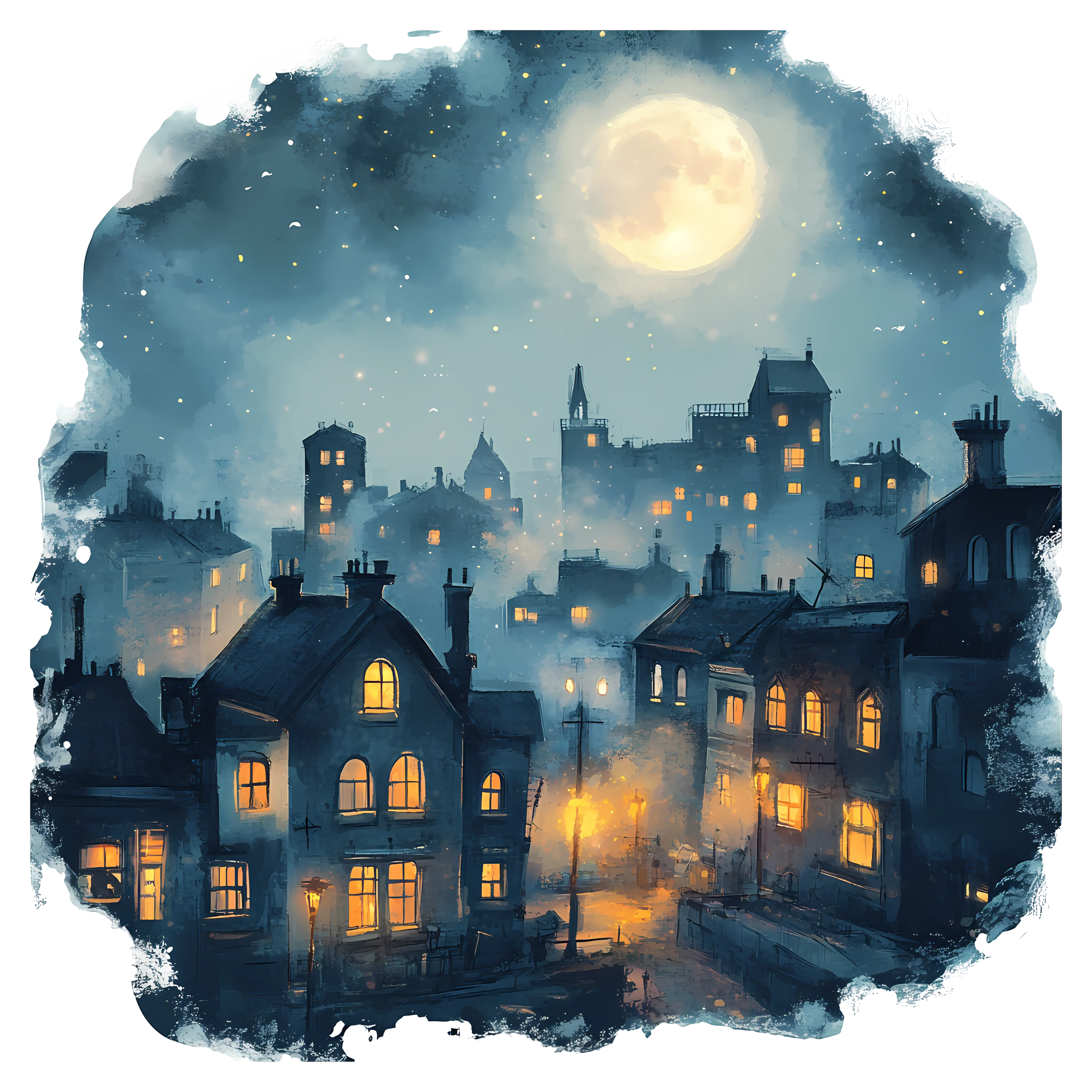 Night Cityscape with Full Moon