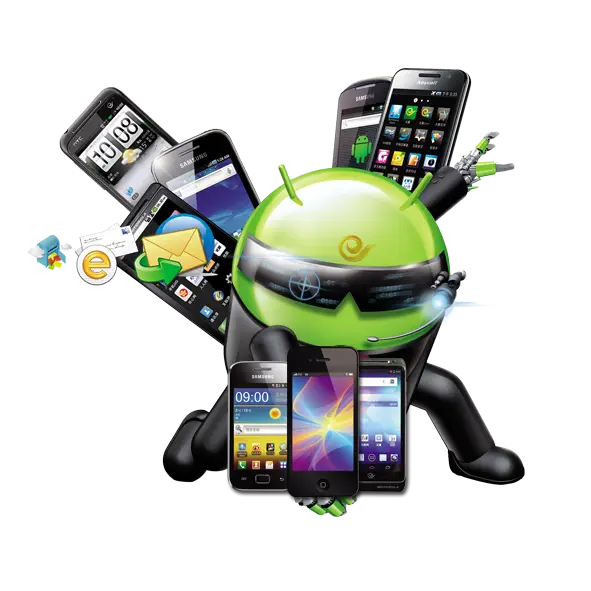 Android Mascot Holding Multiple Smartphones