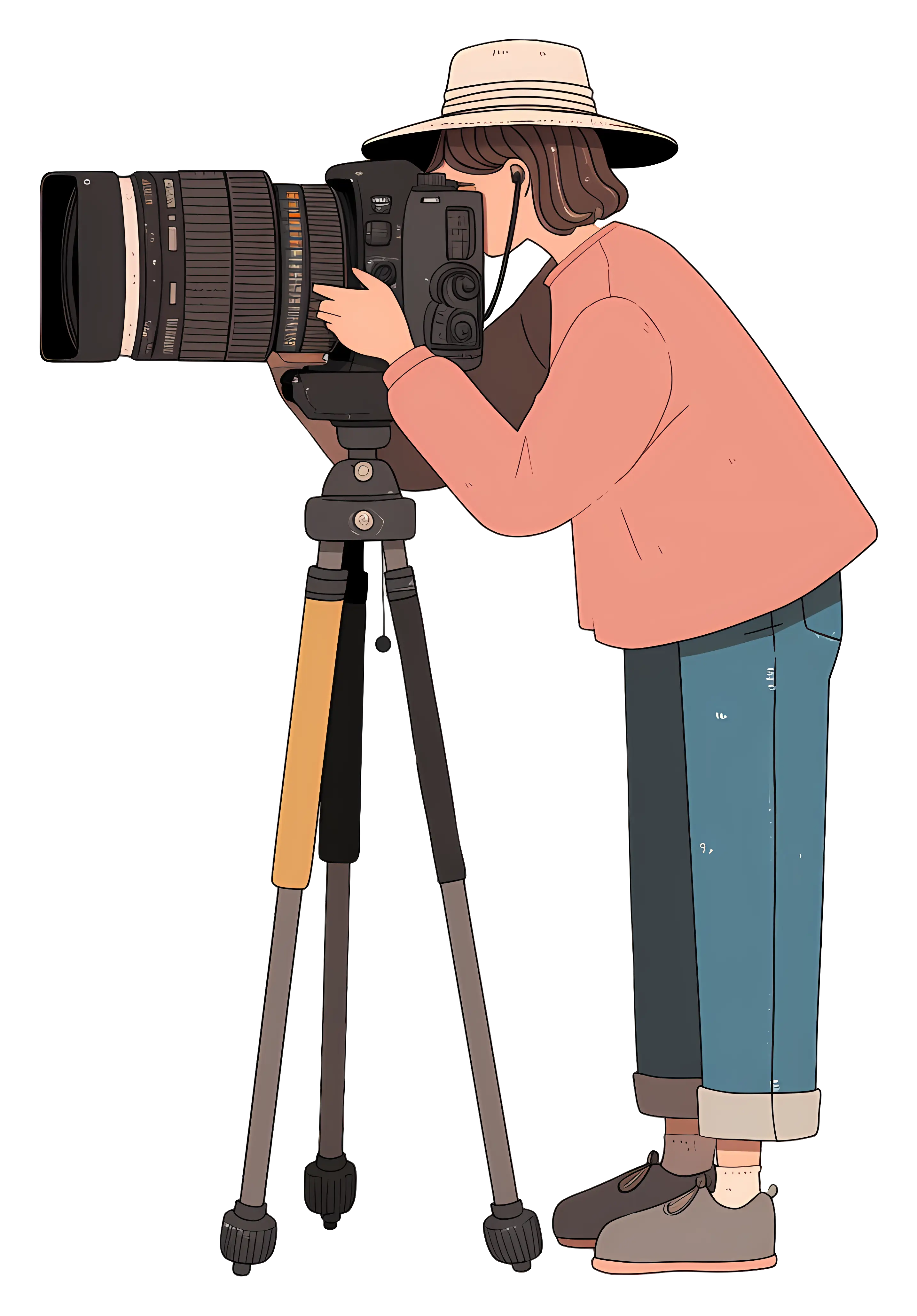 Cartoon Photographer with Camera on Tripod