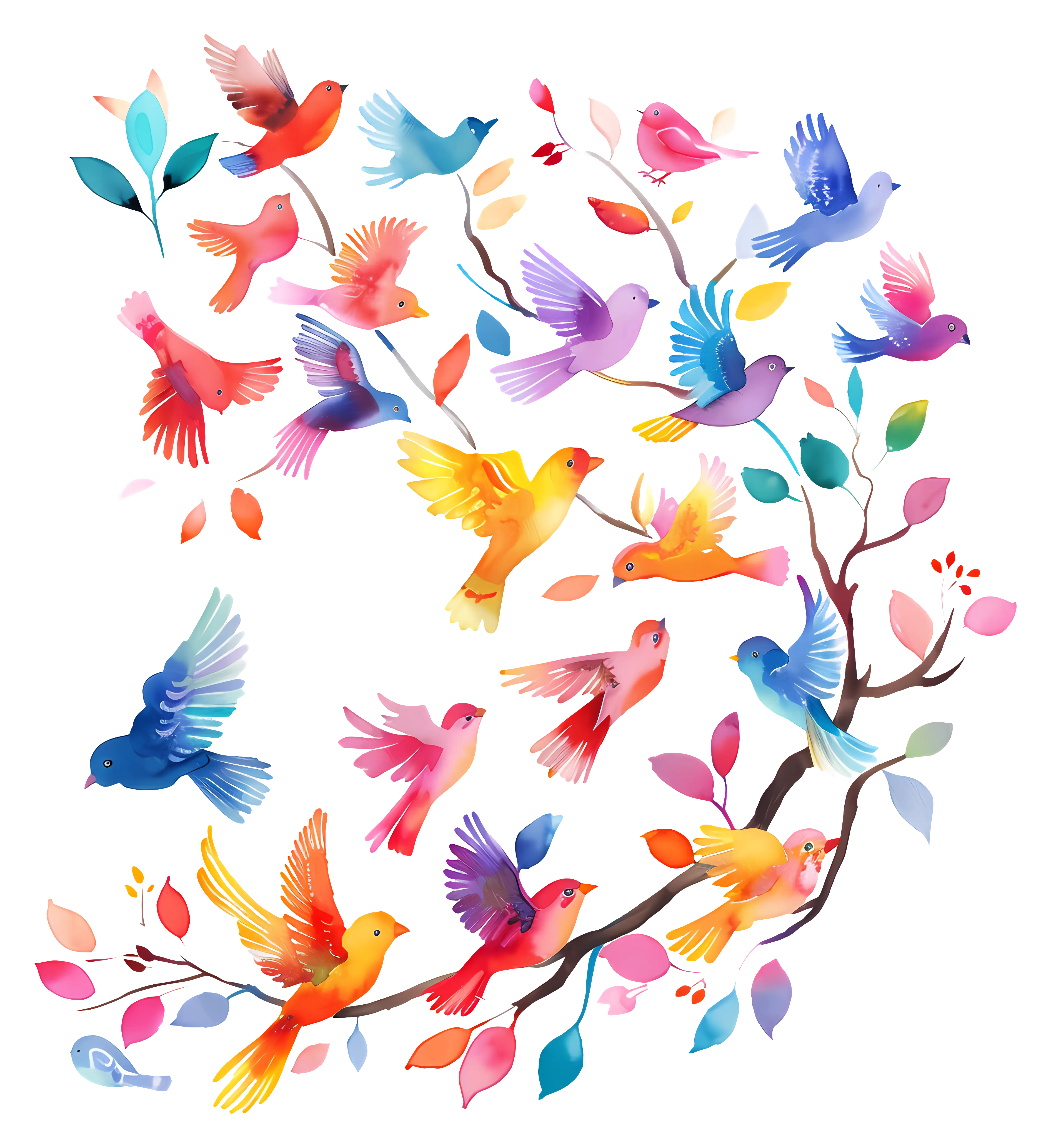 Colorful Birds on Tree Branch