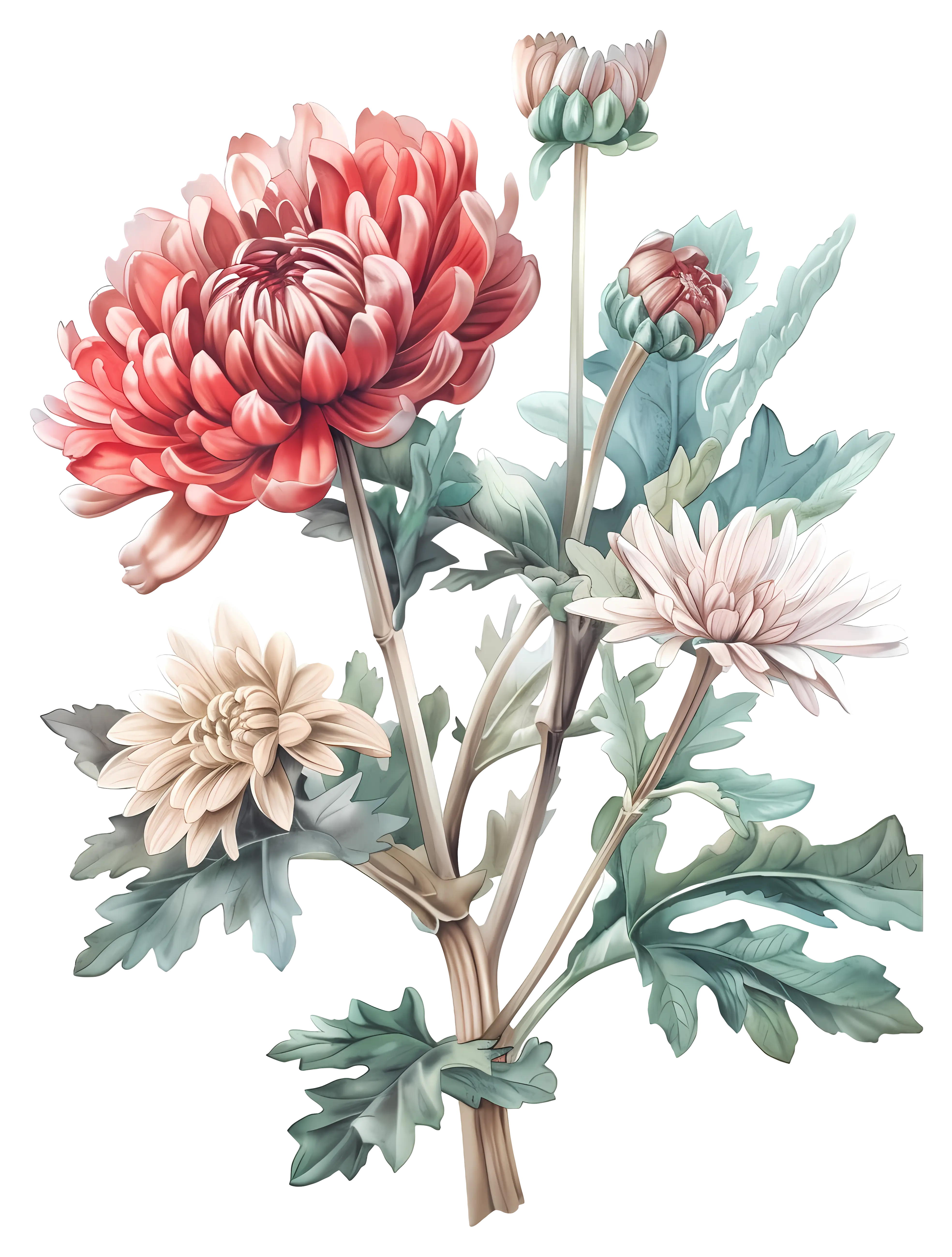 Beautiful Chrysanthemums Botanical Illustration
