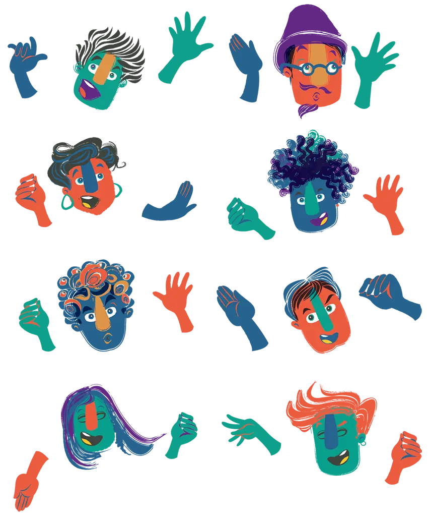 Colorful Cartoon Faces and Hands