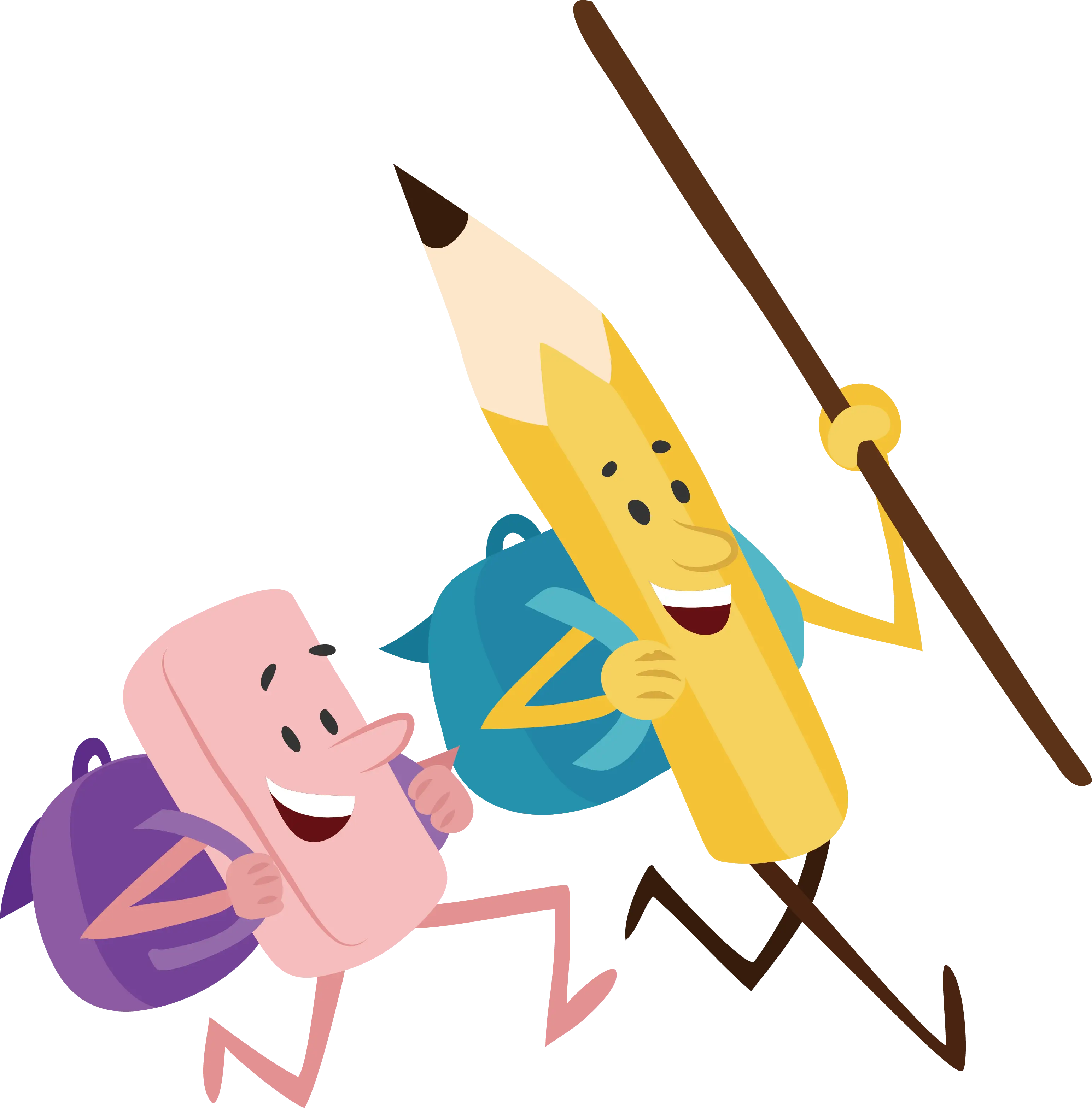 Cartoon Pencil and Eraser with Backpacks