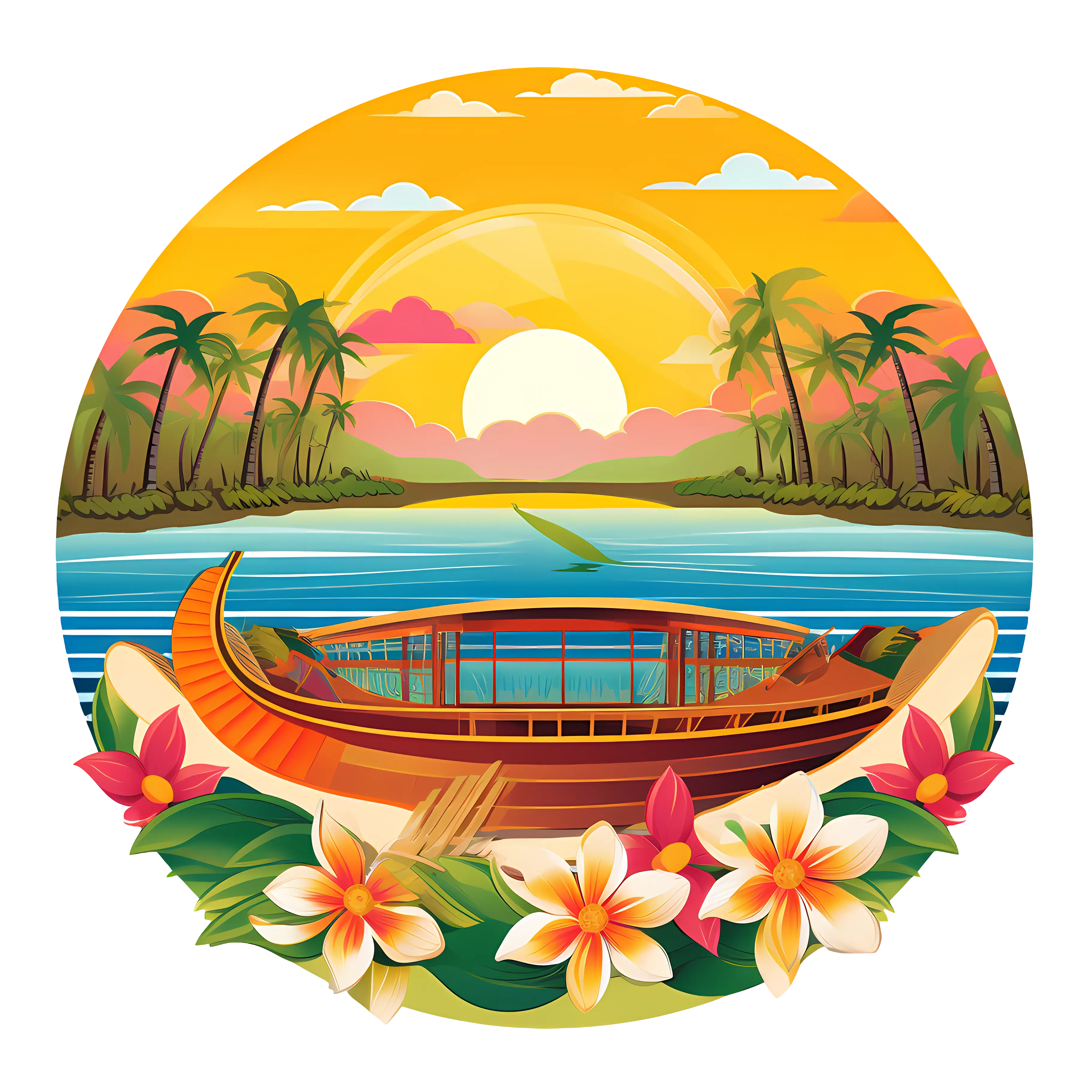 Wooden Boat on Tropical Sunset with Flowers