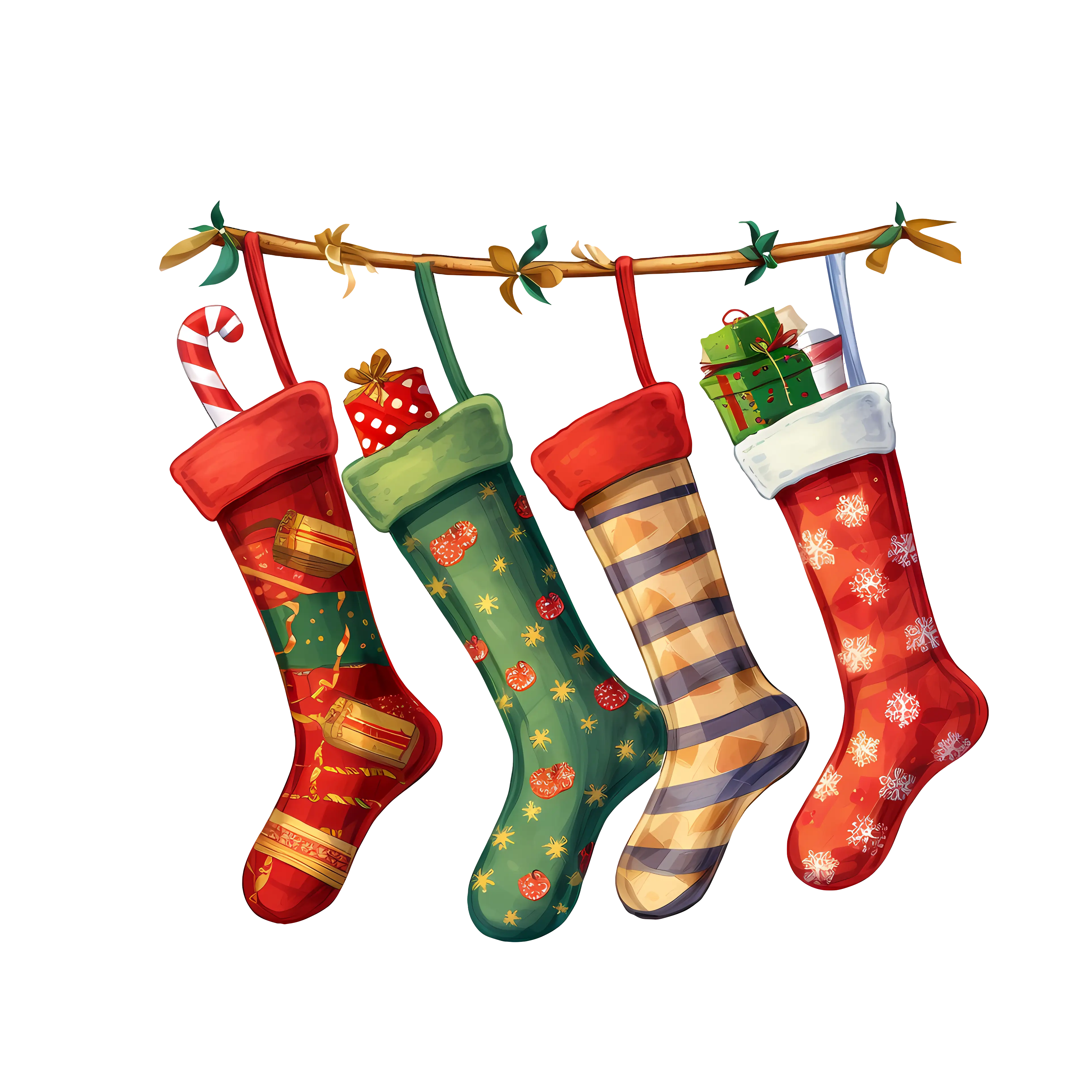 Colorful Christmas Stockings with Gifts and Candy