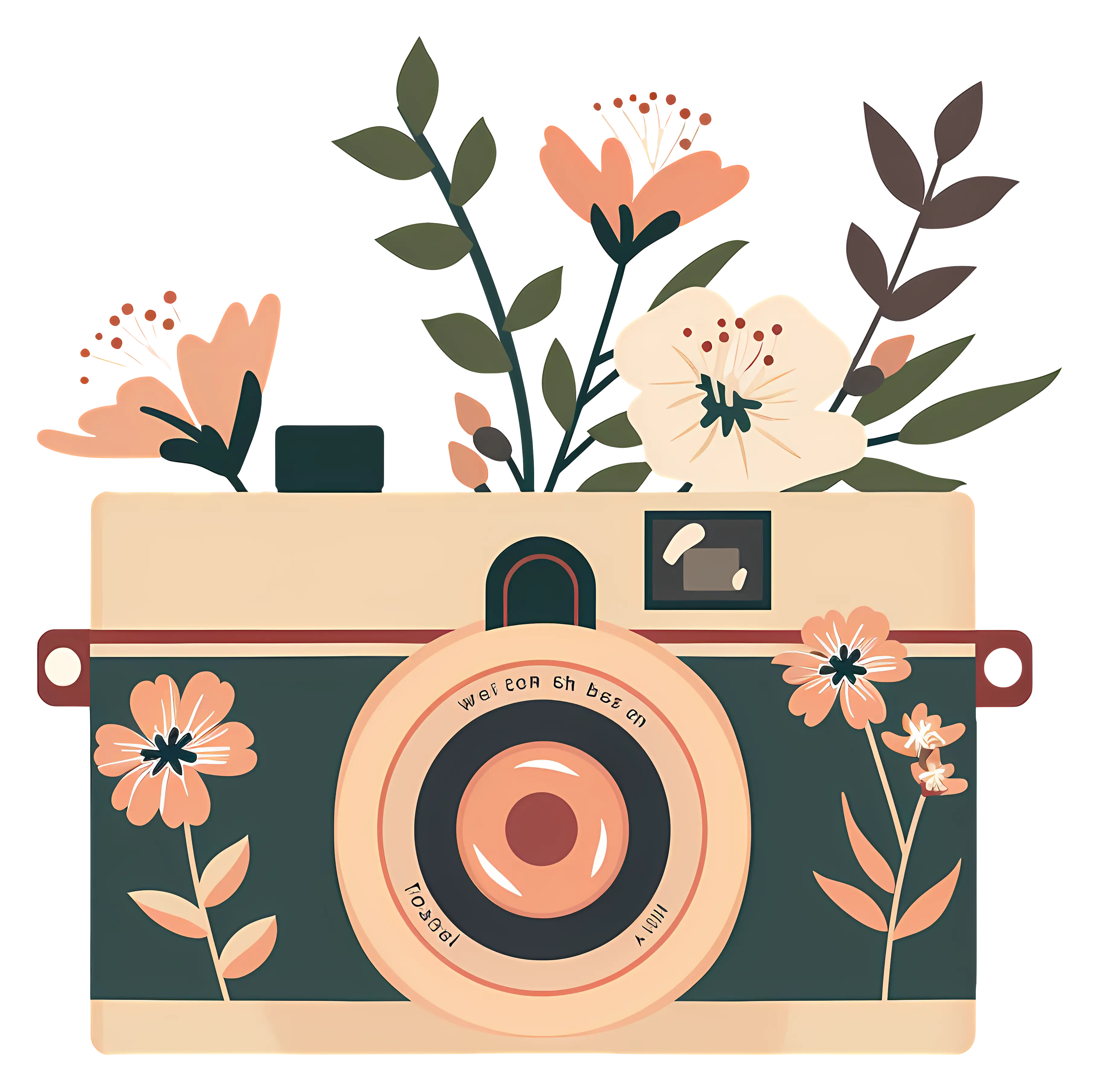 Floral Camera Illustration with Green and Beige Design