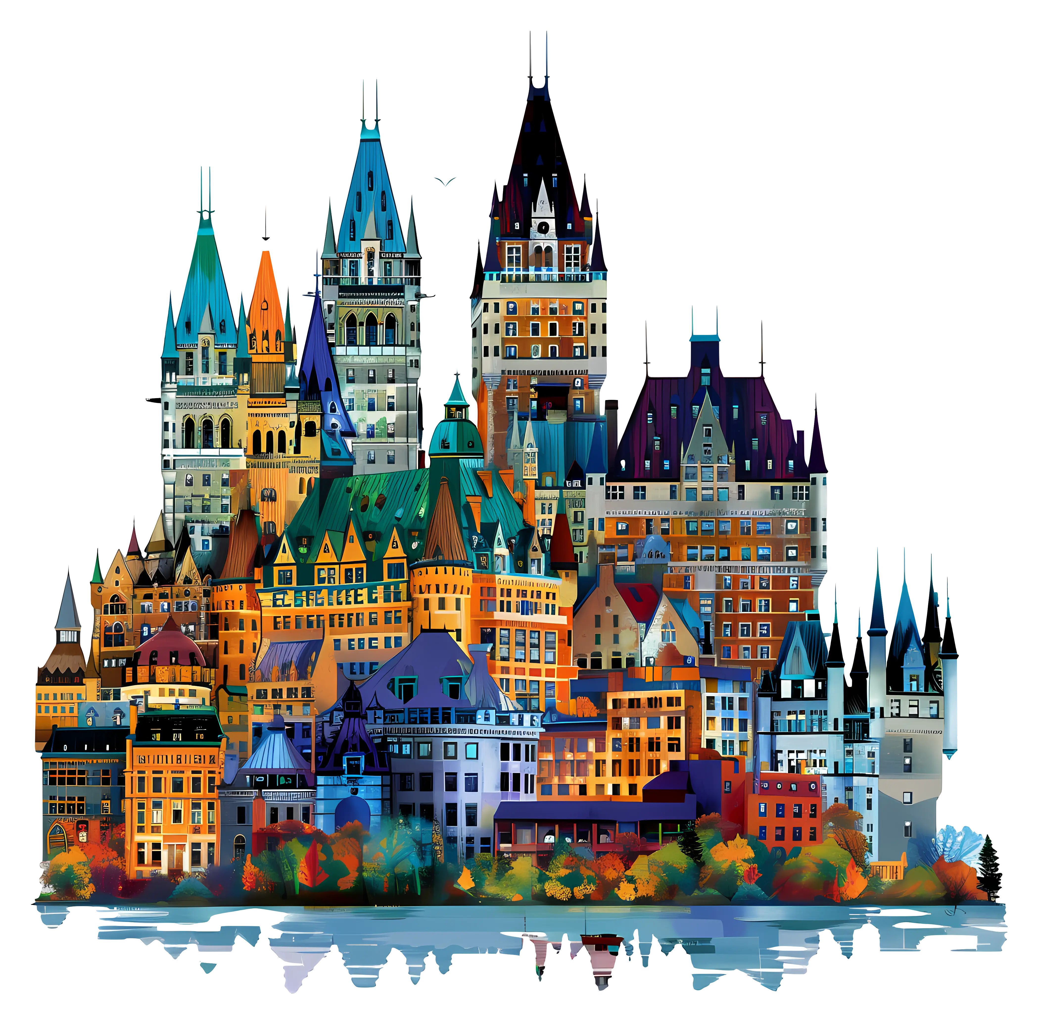 Illustration of a castle-like multi-level building
