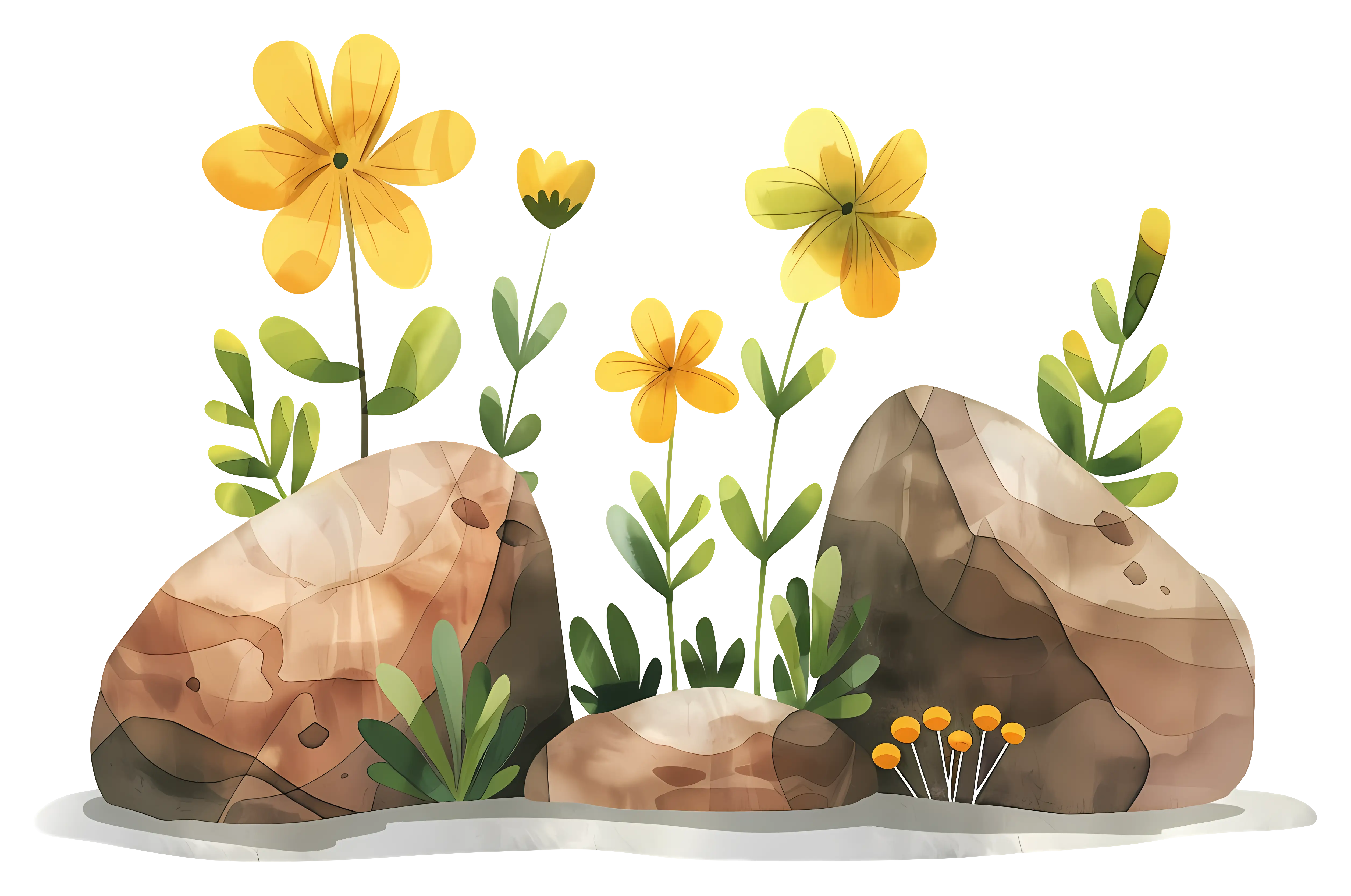 Yellow Flowers and Rocky Botanical Illustration