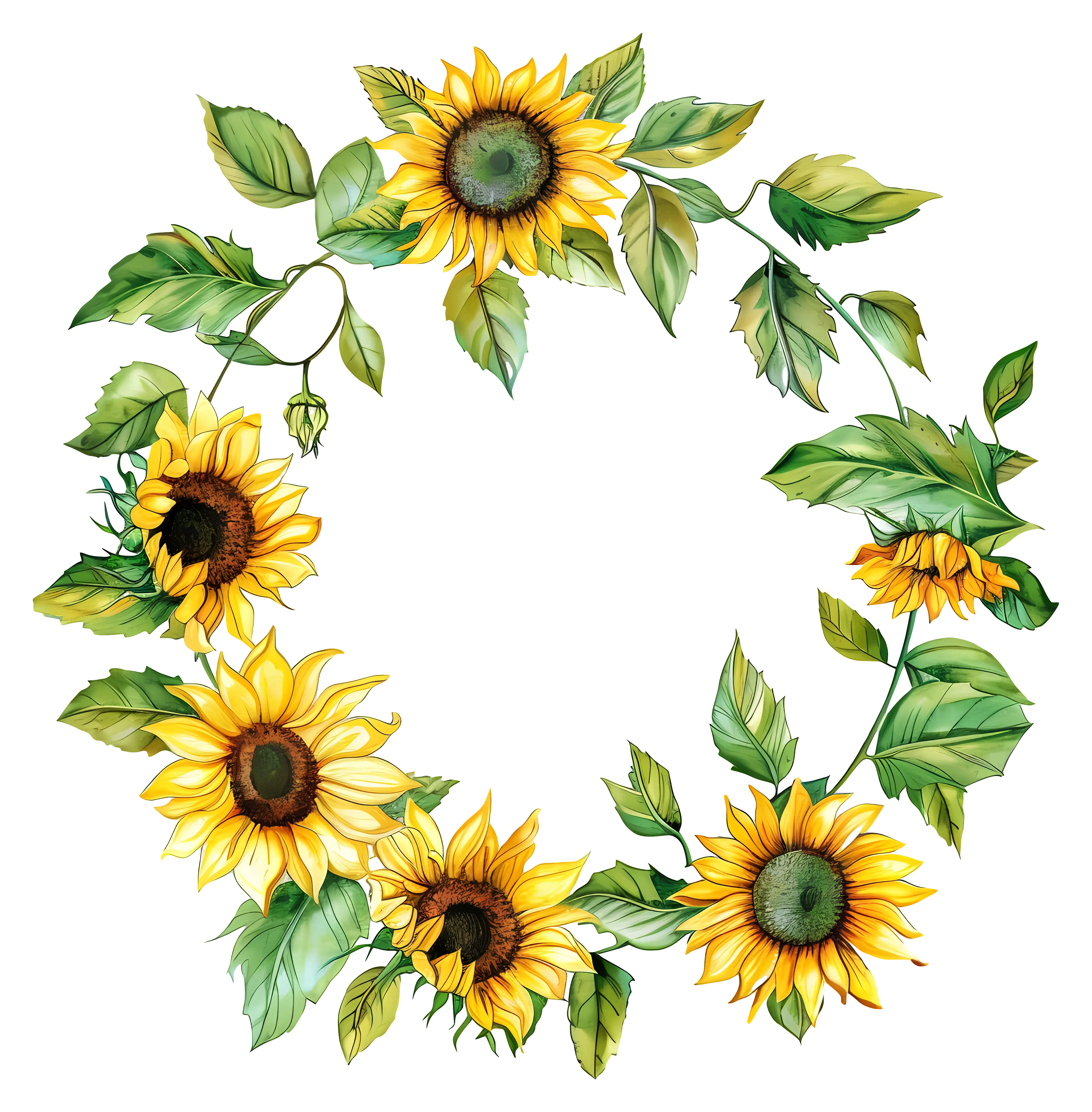 Sunflower Wreath with Green Leaves Illustration