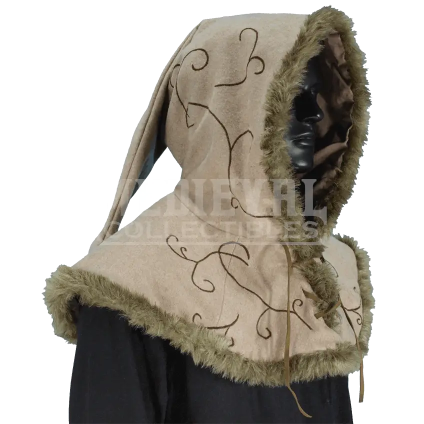 Embroidered Hooded Cloak with Fur Trim